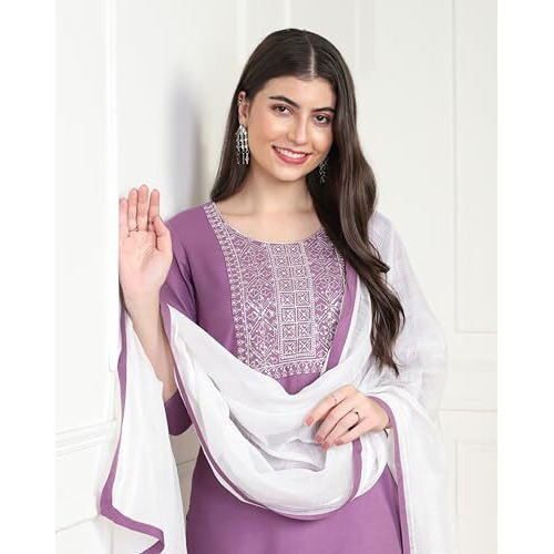 Toplot Women's Solid Straight Kurta With Pant & Dupatta|Kurta Pant Set With Dupatta (Straight-Kurta-Pant-5197-Purple-Xxl)