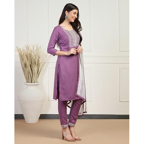 Toplot Women's Solid Straight Kurta With Pant & Dupatta|Kurta Pant Set With Dupatta (Straight-Kurta-Pant-5197-Purple-Xxl)