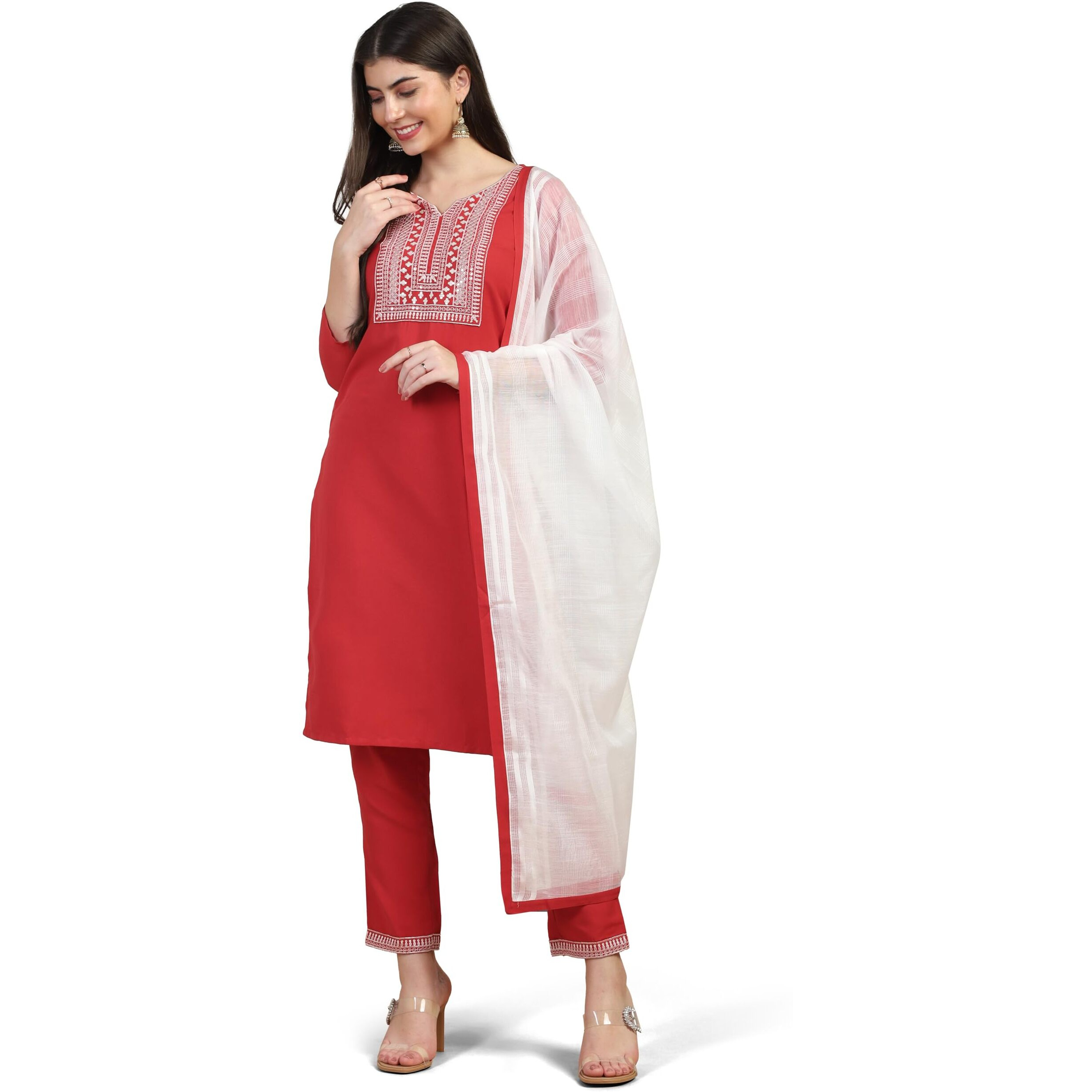 Toplot Women's Solid Straight Kurta With Pant & Dupatta|Kurta Pant Set With Dupatta (Straight-Kurta-Pant-5197-Red-L)