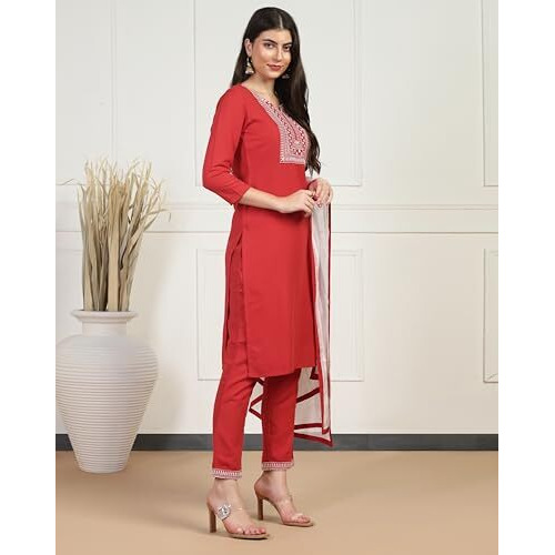 Toplot Women's Solid Straight Kurta With Pant & Dupatta|Kurta Pant Set With Dupatta (Straight-Kurta-Pant-5197-Red-L)
