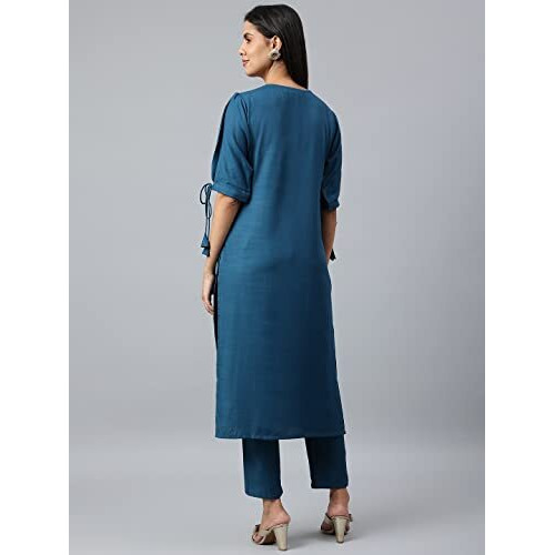 Gosriki Women's Cotton Blend Printed Straight Kurta With Pant (Mikini Blue_New_S-Go_Blue_Small)