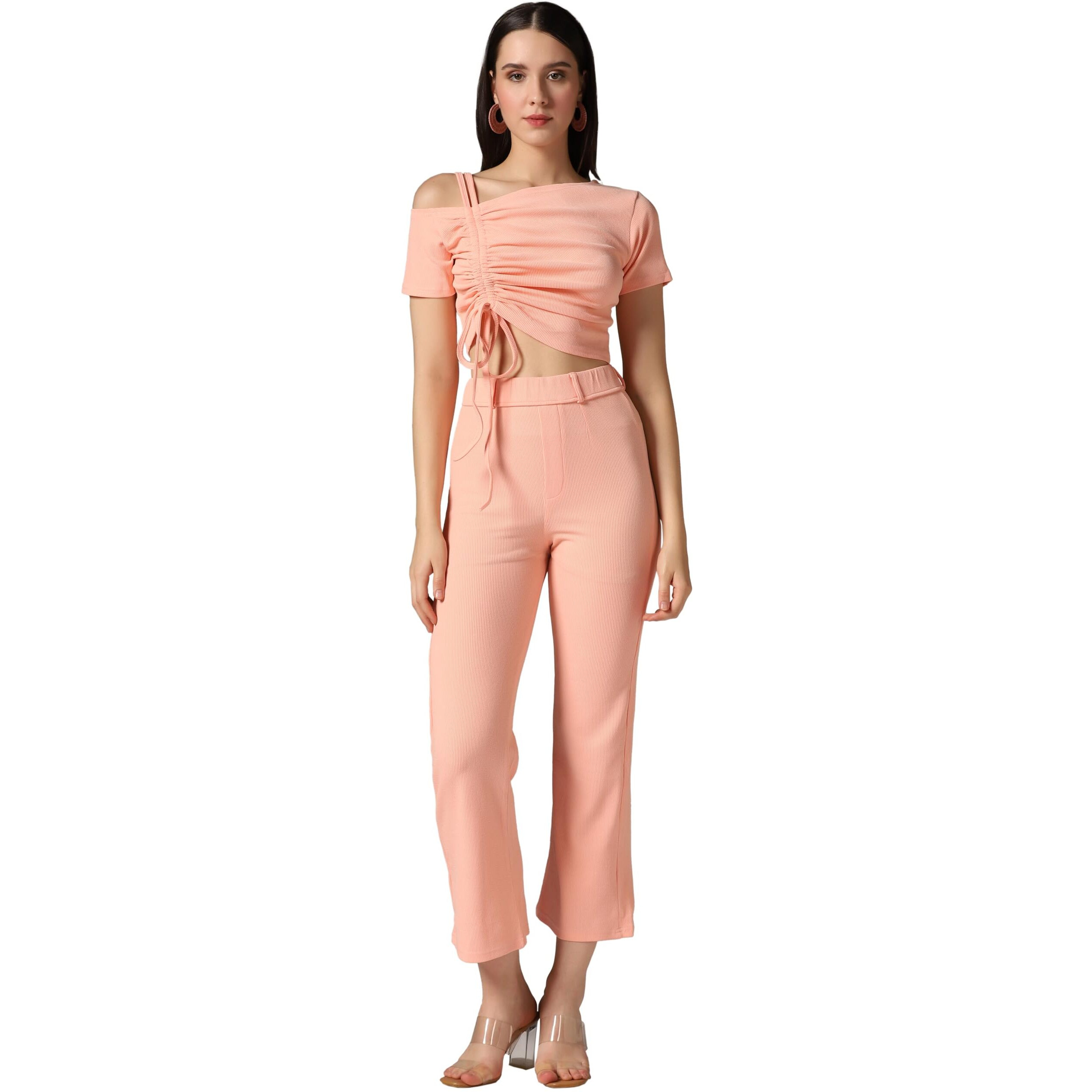 Toplot Co Ord Set For Women Solid Top And Bottom (Top-Pant-5138-Peach-M)