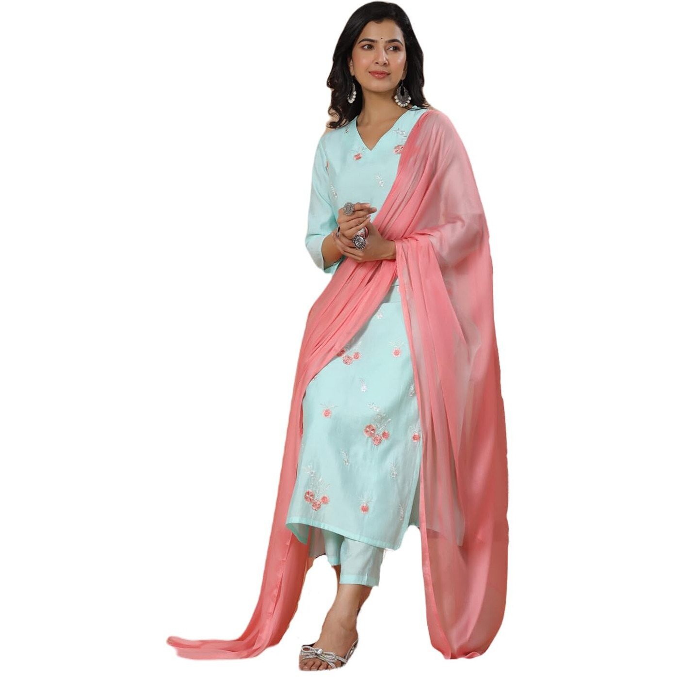 Gosriki Women's Rayon Blend Embroidered Straight Kurta With Pant & Dupatta (Baad Green-Nw-Gs_L_Green_Large)