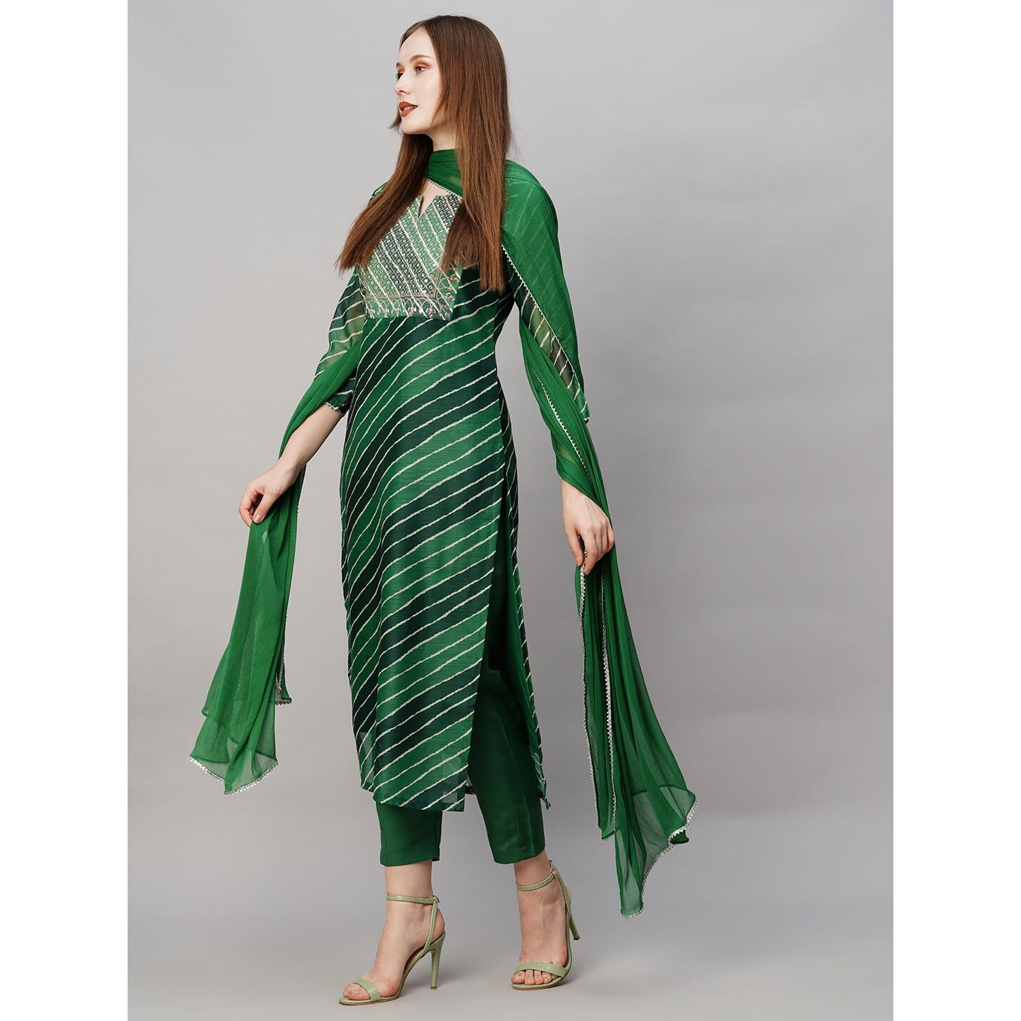 Gosriki Women's Georgette Printed Straight Embroidered Kurta With Pant & Dupatta (Rupkla Mehandi-Nw-Gs_L_Green_Large)