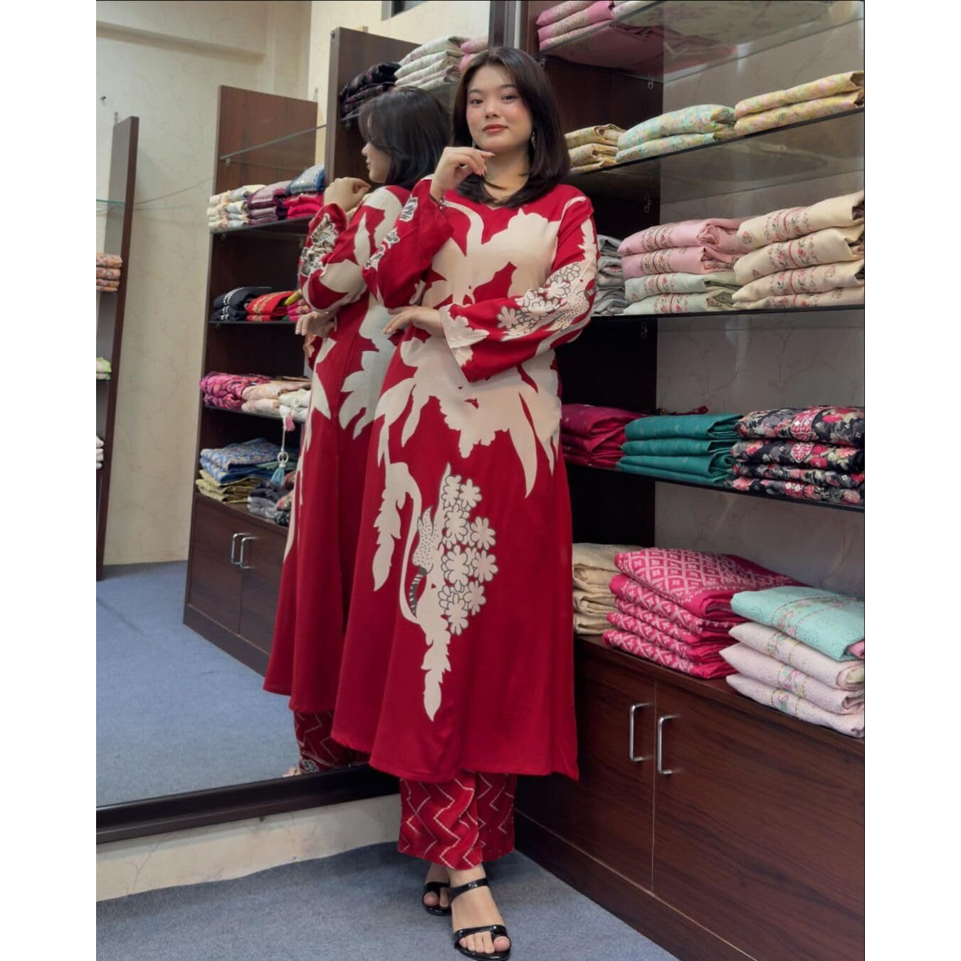 Gosriki Women's Cotton Blend Straight Printed Kurta With Palazzo (Cukari Red-Vks01-Gs_Xxl_Red_Xx-Large)