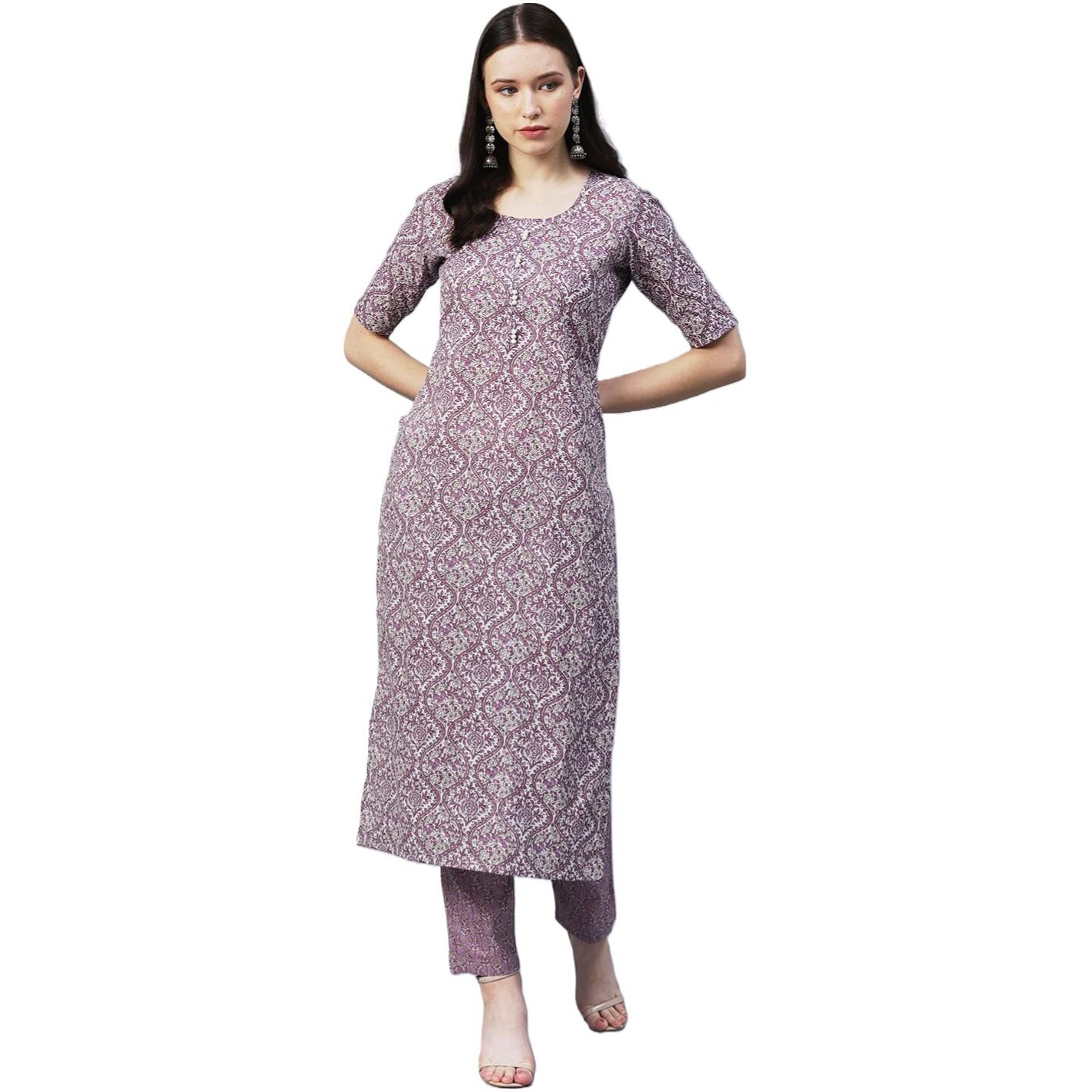 Gosriki Women's Cotton Blend Printed Straight Kurta With Pant (Batakli-Purple-Gs_M_Purple_Medium)