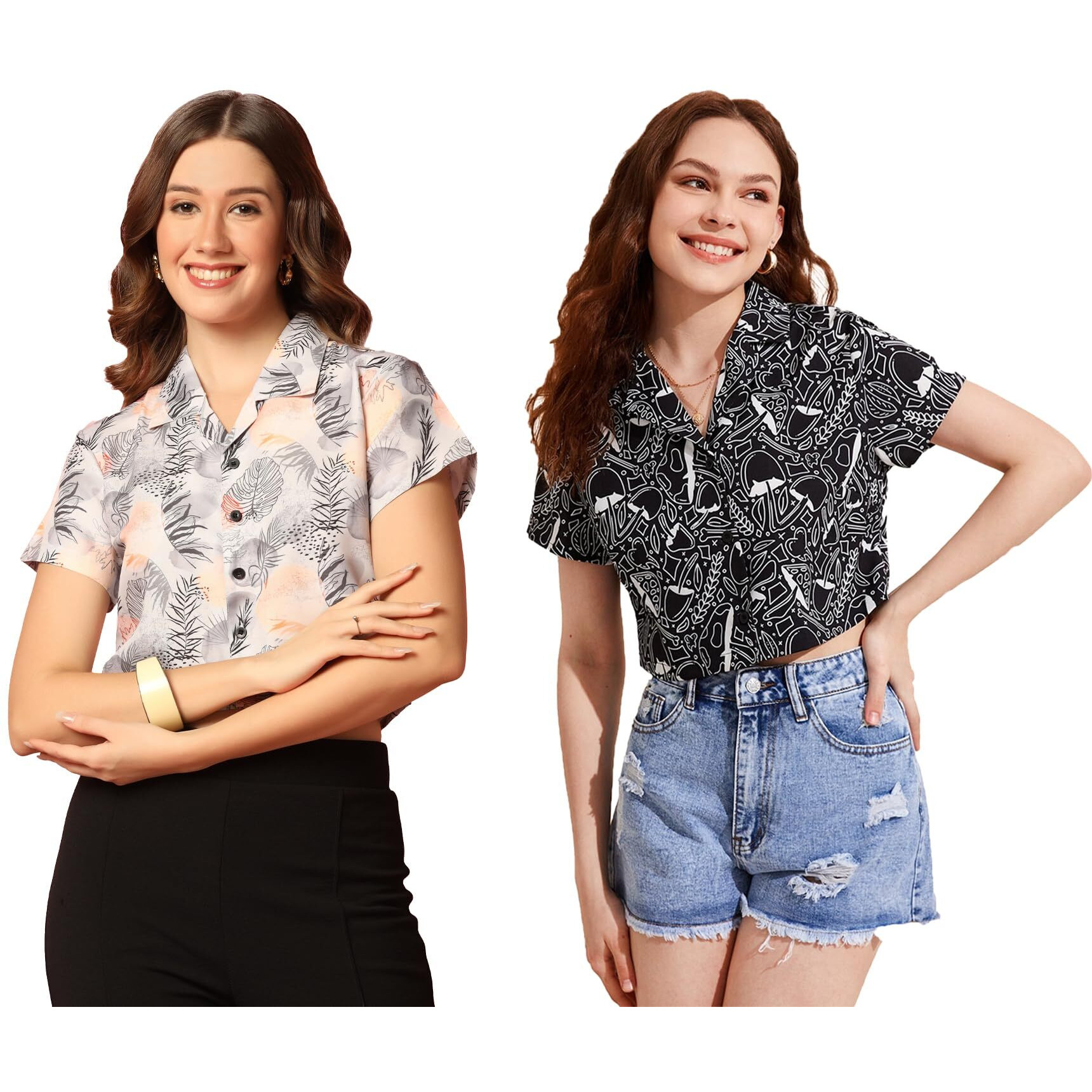 Toplot Women's Casual Printed Crop Shirt With Half Sleeve Pack Of 2 (Combo-5059-Blk-Tre-L)