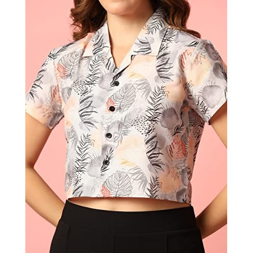 Toplot Women's Casual Printed Crop Shirt With Half Sleeve Pack Of 2 (Combo-5059-Blk-Tre-L)