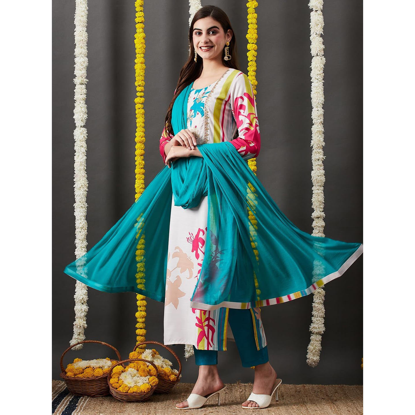 Gosriki Women's Cotton Blend Straight Printed Kurta With Pant & Dupatta (Hibiki Cream-Gs_S_Cream_Small)