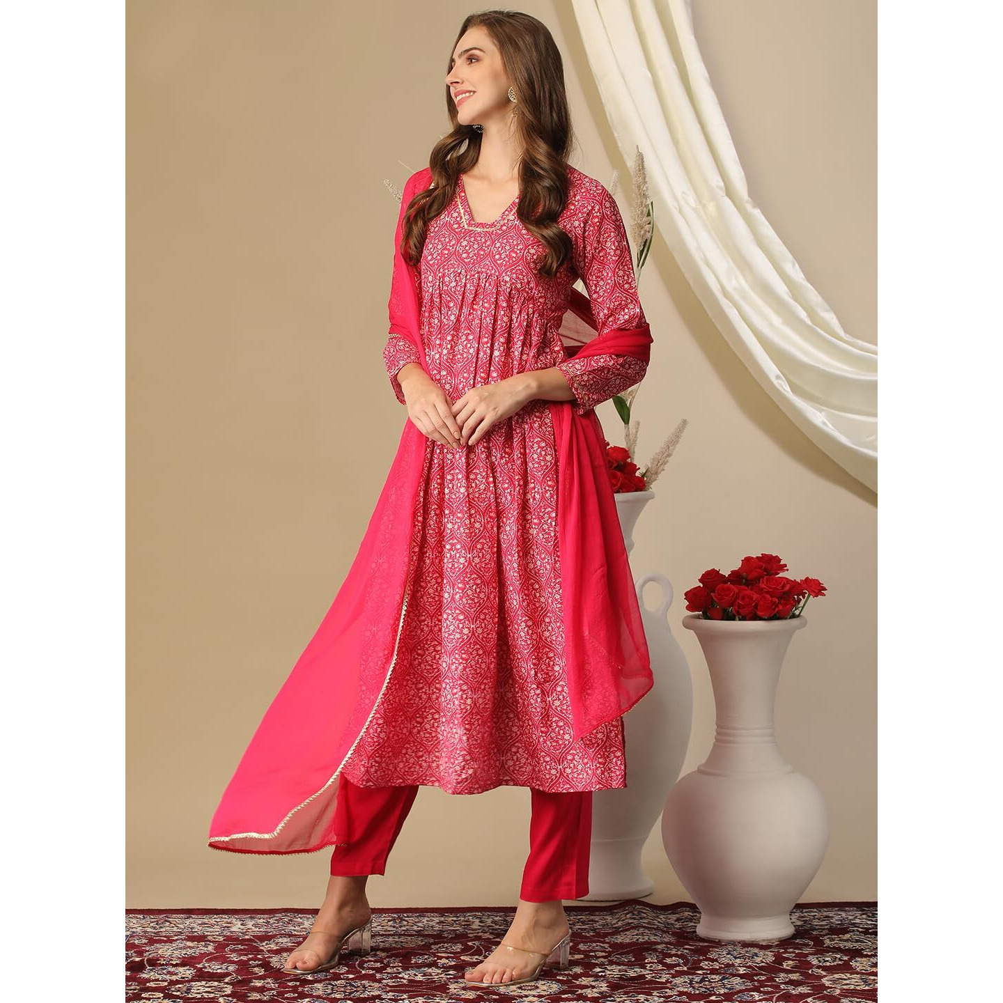 Gosriki Women's Cotton Blend Printed Straight Kurta With Pant & Dupatta (Manchali-Rani-Nw-Gs_M_Pink_Medium)