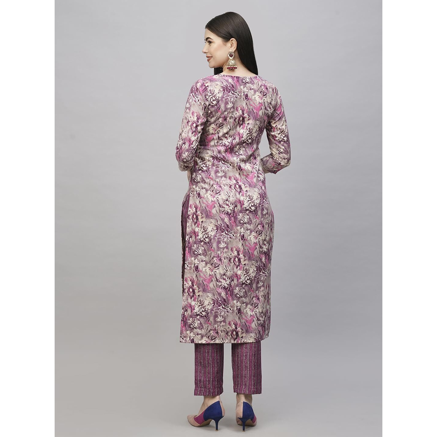 Gosriki Women's Cotton Blend Straight Printed Kurta With Pant (Seep Purple-Gs_S_Purple_Small)
