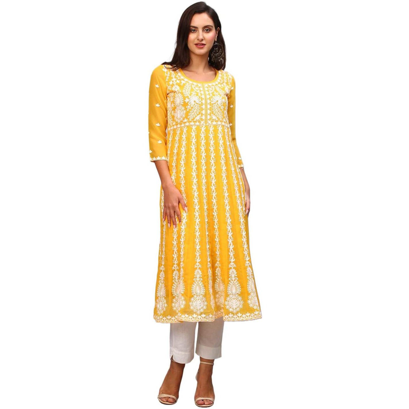 Gosriki Women's Georgette Chikankari Embroidered Anarkali Kurti (Naav Yellow-Gs_L_Yellow_Large)