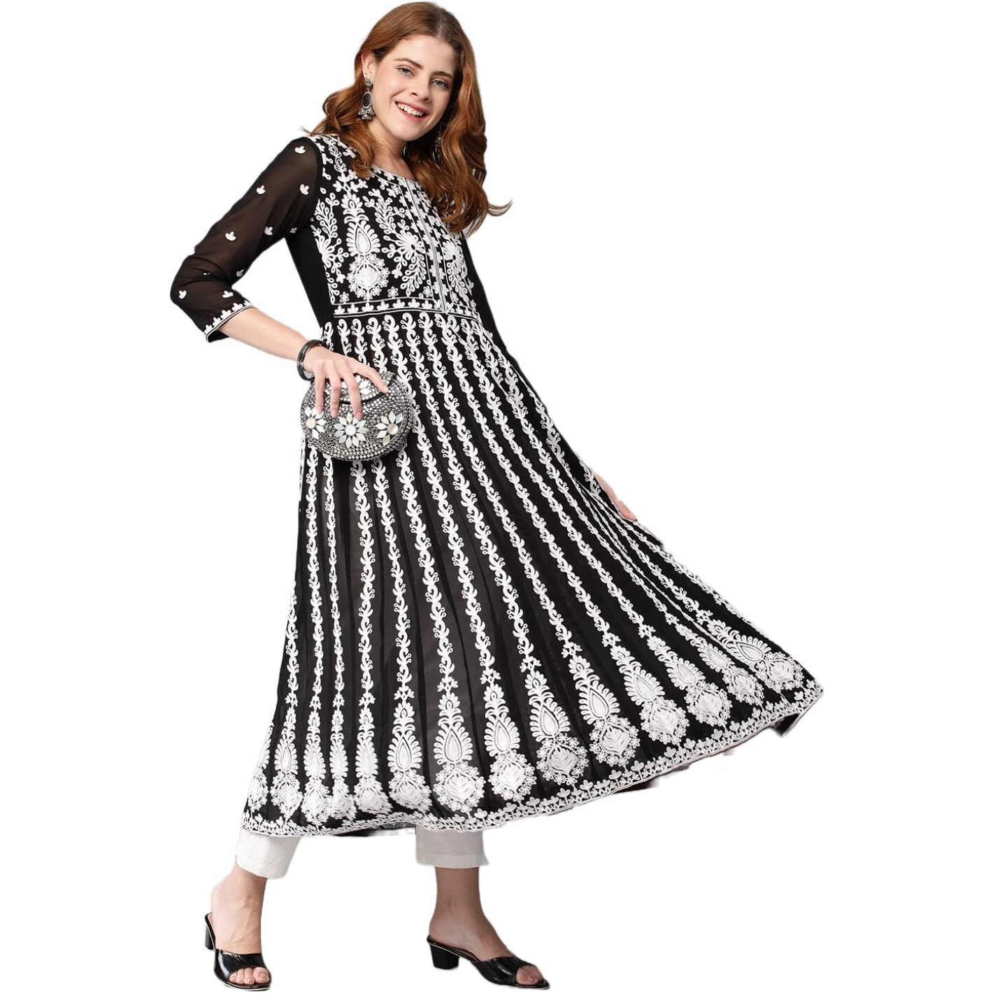 Gosriki Women's Georgette Chikankari Embroidered Anarkali Kurti (Kari Black-Gs_M_Black_Medium)