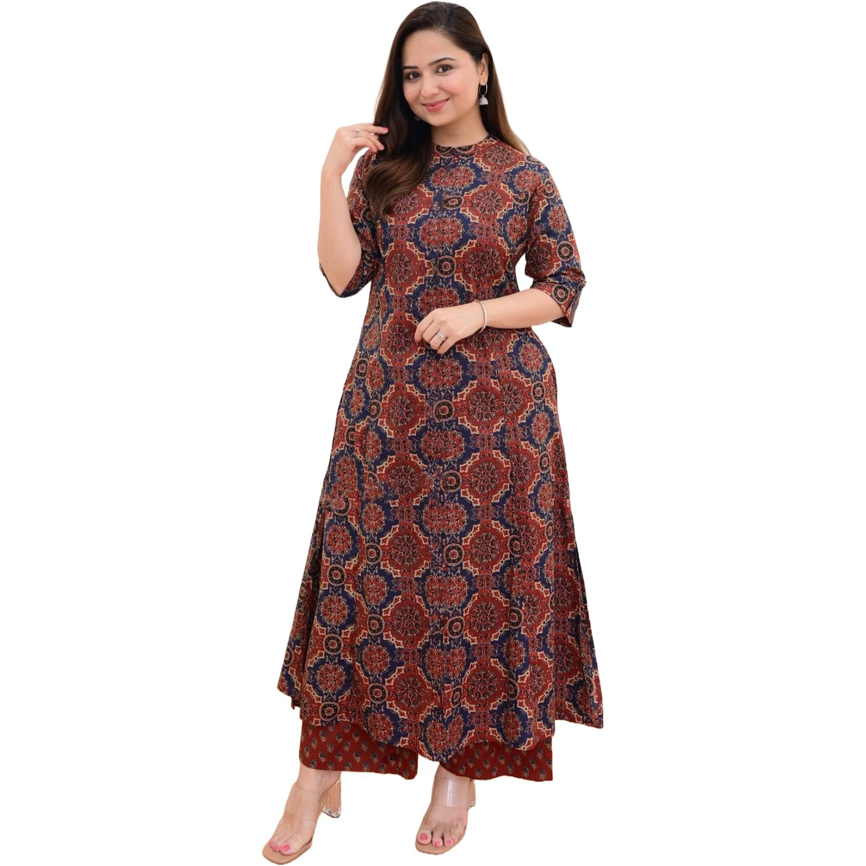 Gosriki Women's Cotton Blend Straight Printed Kurta With Palazzo (Abp Maroon-Gs_Xxl_Wine_Xx-Large)