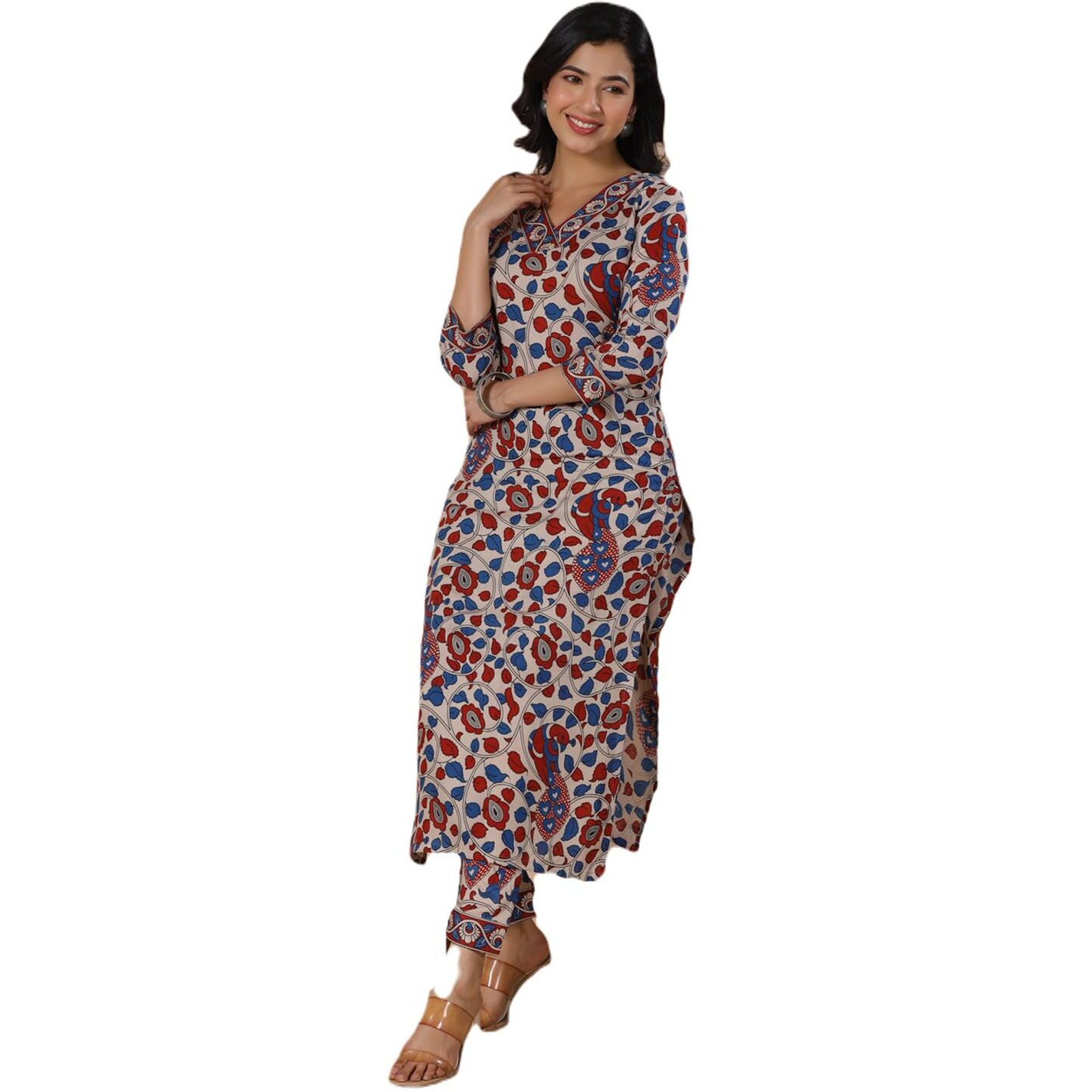 Gosriki Women's Rayon Blend Straight Printed Kurta With Pant (Nakari Cream-Nws-Gs_Xl_Cream_X-Large)