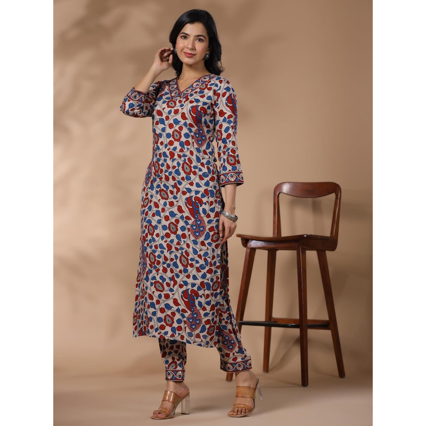 Gosriki Women's Rayon Blend Straight Printed Kurta With Pant (Nakari Cream-Nws-Gs_Xl_Cream_X-Large)