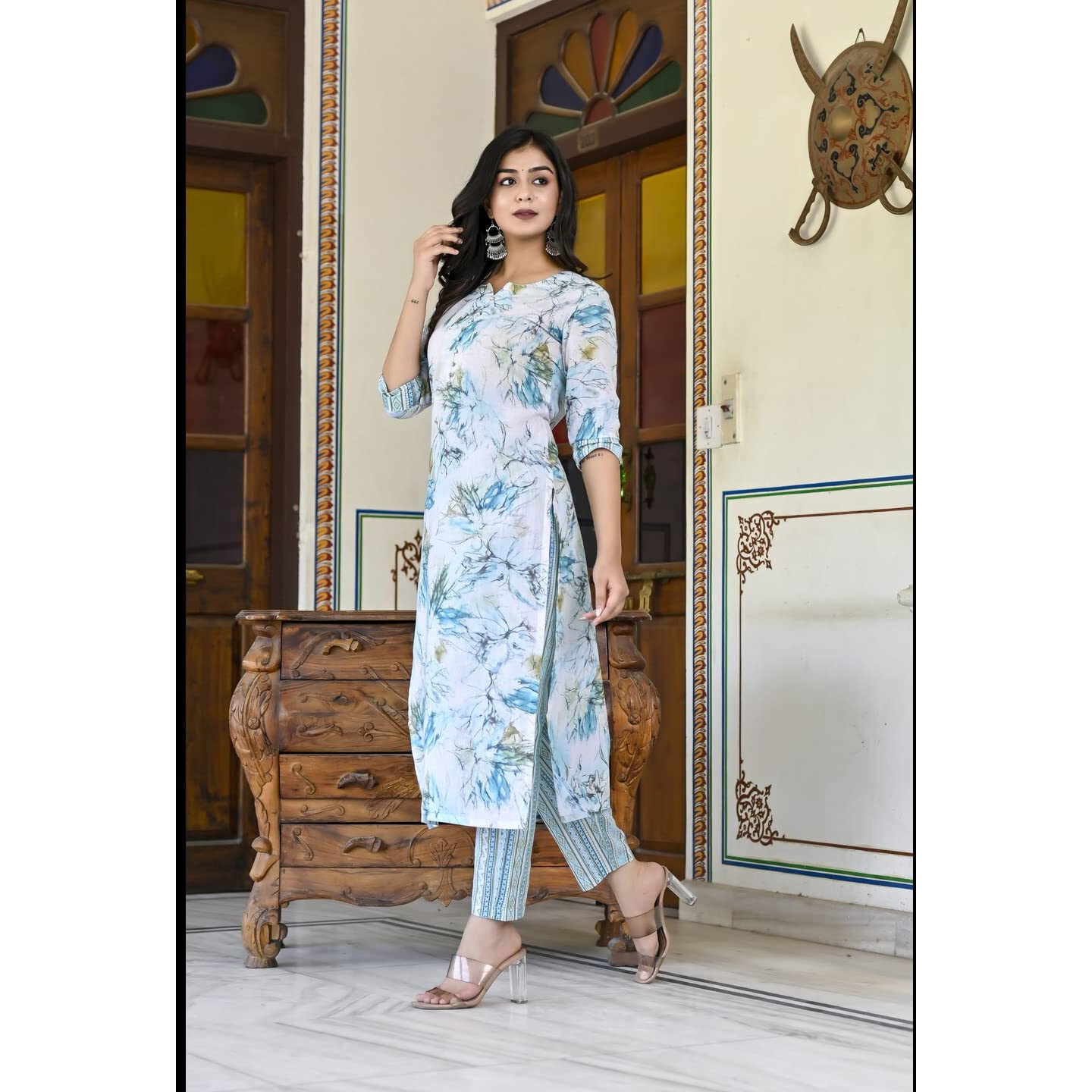 Gosriki Women's Cotton Blend Printed Straight Kurta With Pant (Ps-Rama-Green-Cmd-Gs_Xxl_Green_Xx-Large)