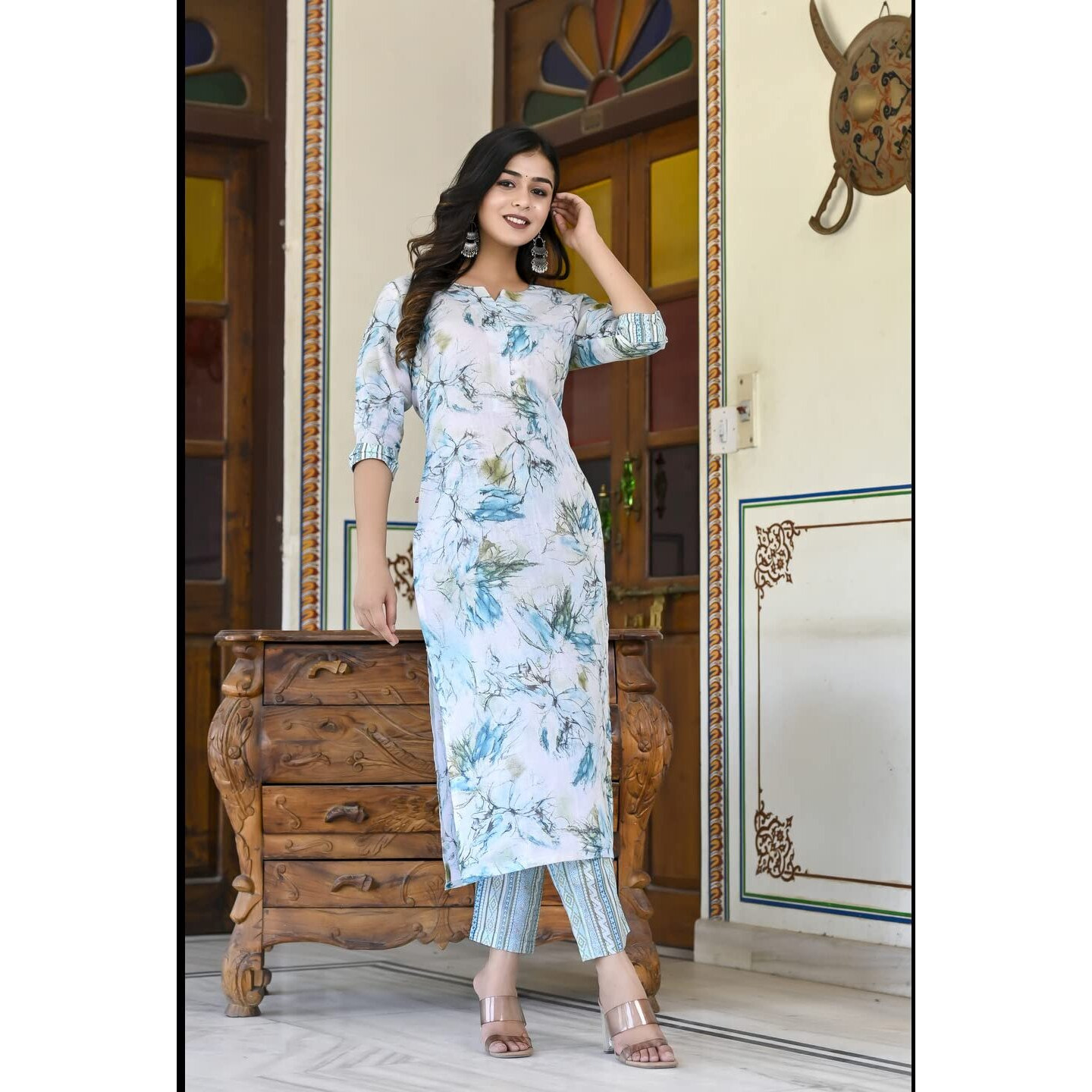Gosriki Women's Cotton Blend Printed Straight Kurta With Pant (Ps-Rama-Green-Cmd-Gs_Xxl_Green_Xx-Large)