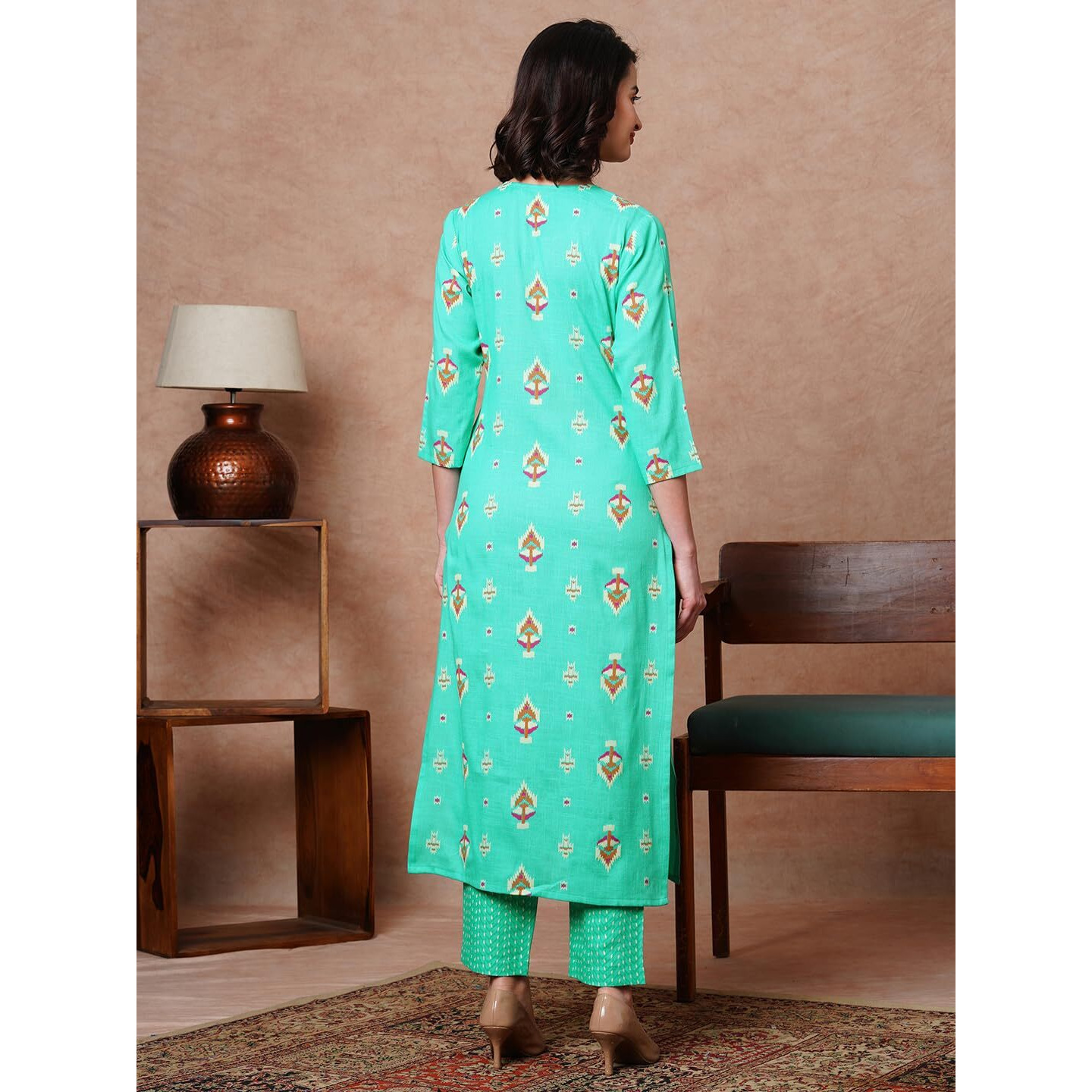 Gosriki Women's Cotton Blend Straight Printed Kurta With Pant (Fimla Green-Gs_M_Green_Medium)