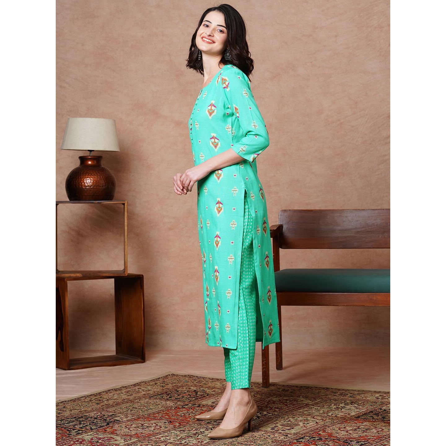 Gosriki Women's Cotton Blend Straight Printed Kurta With Pant (Fimla Green-Gs_M_Green_Medium)