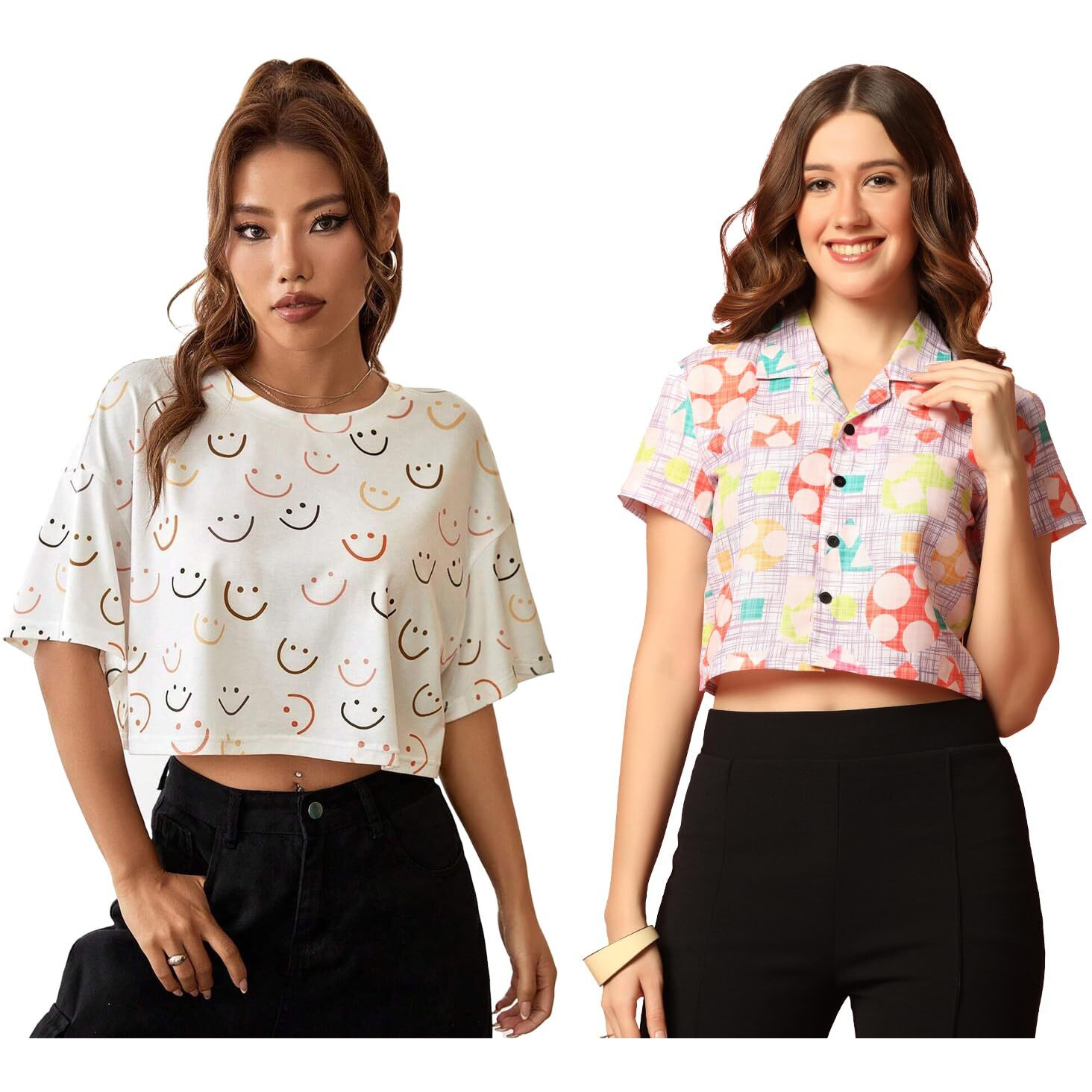 Toplot Women's Casual Printed Crop Top With Short Sleeve Pack Of 2 (Combo-5135-Mlt-Sml-Xs)
