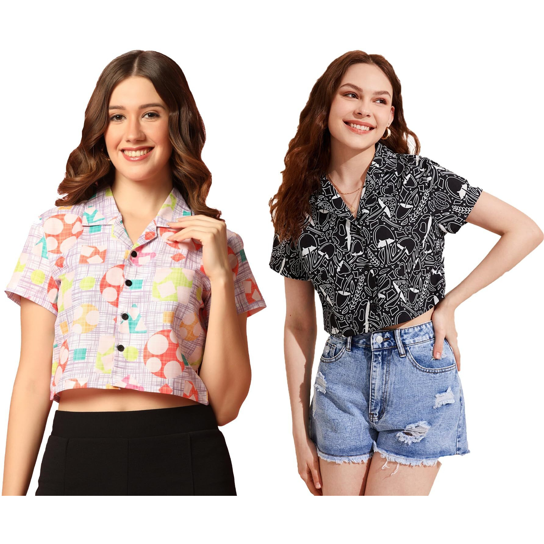 Toplot Women's Casual Printed Crop Shirt With Half Sleeve Pack Of 2 (Combo-5059-Blk-Mlt-L)