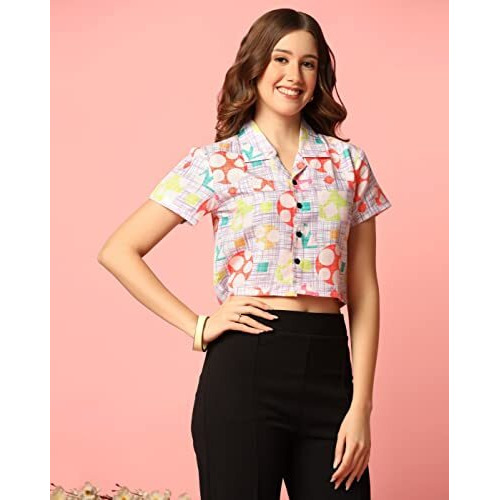 Toplot Women's Casual Printed Crop Shirt With Half Sleeve Pack Of 2 (Combo-5059-Blk-Mlt-L)