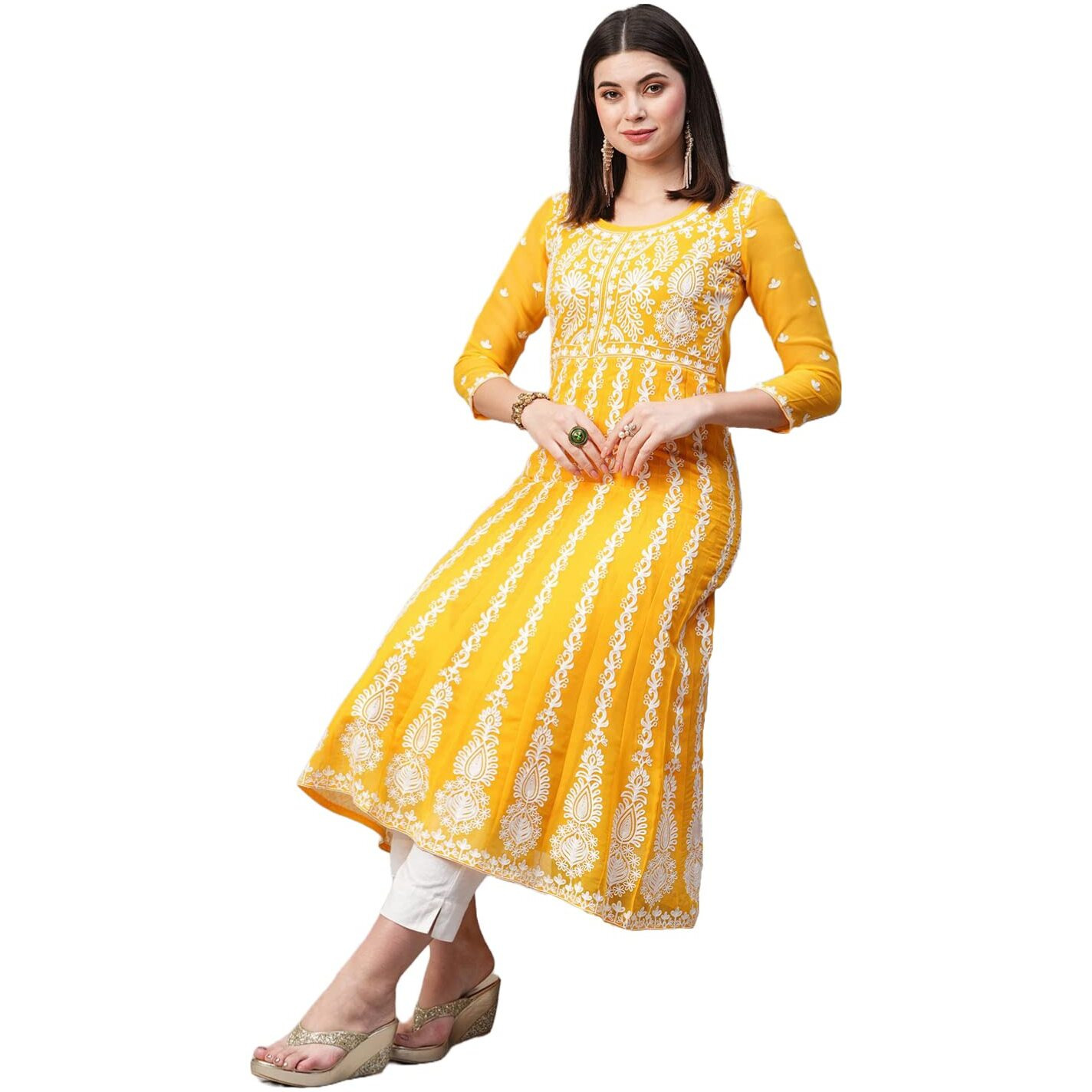Gosriki Women's Georgette Chikankari Embroidered Anarkali Kurti (Naav Yellow-Nw2-Gs_Xxl_Yellow_Xx-Large)