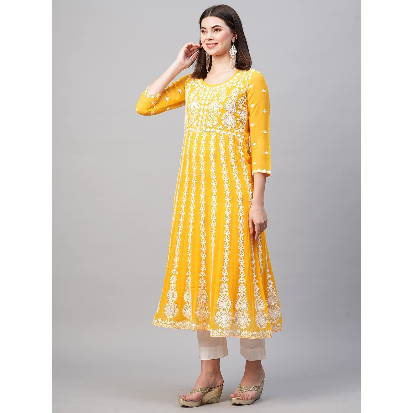 Gosriki Women's Georgette Chikankari Embroidered Anarkali Kurti (Naav Yellow-Nw2-Gs_Xxl_Yellow_Xx-Large)