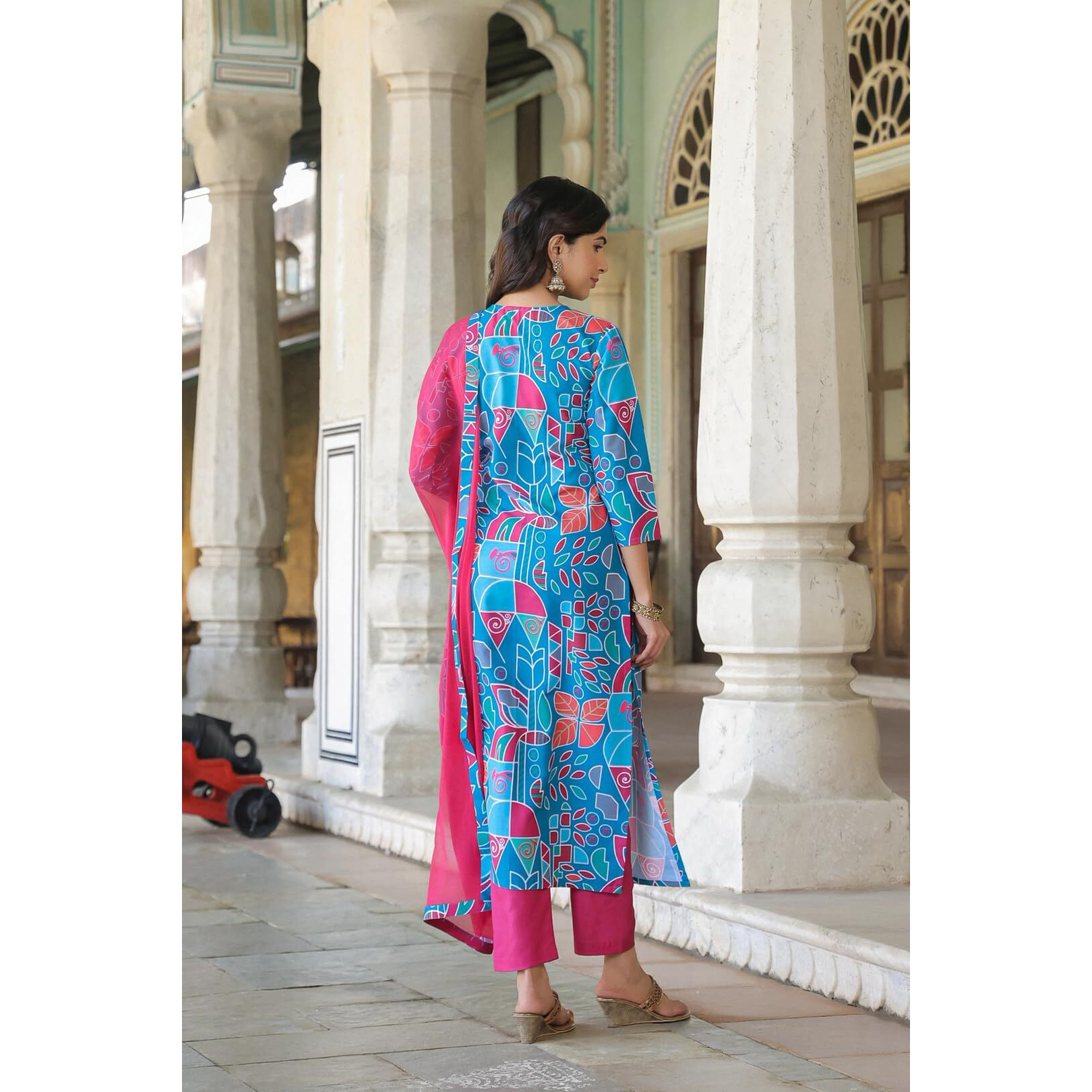 Gosriki Women's Cotton Blend Straight Printed Kurta With Pant & Dupatta (Down-Rama Blue-Nkf-Gs_M_Blue_Medium)