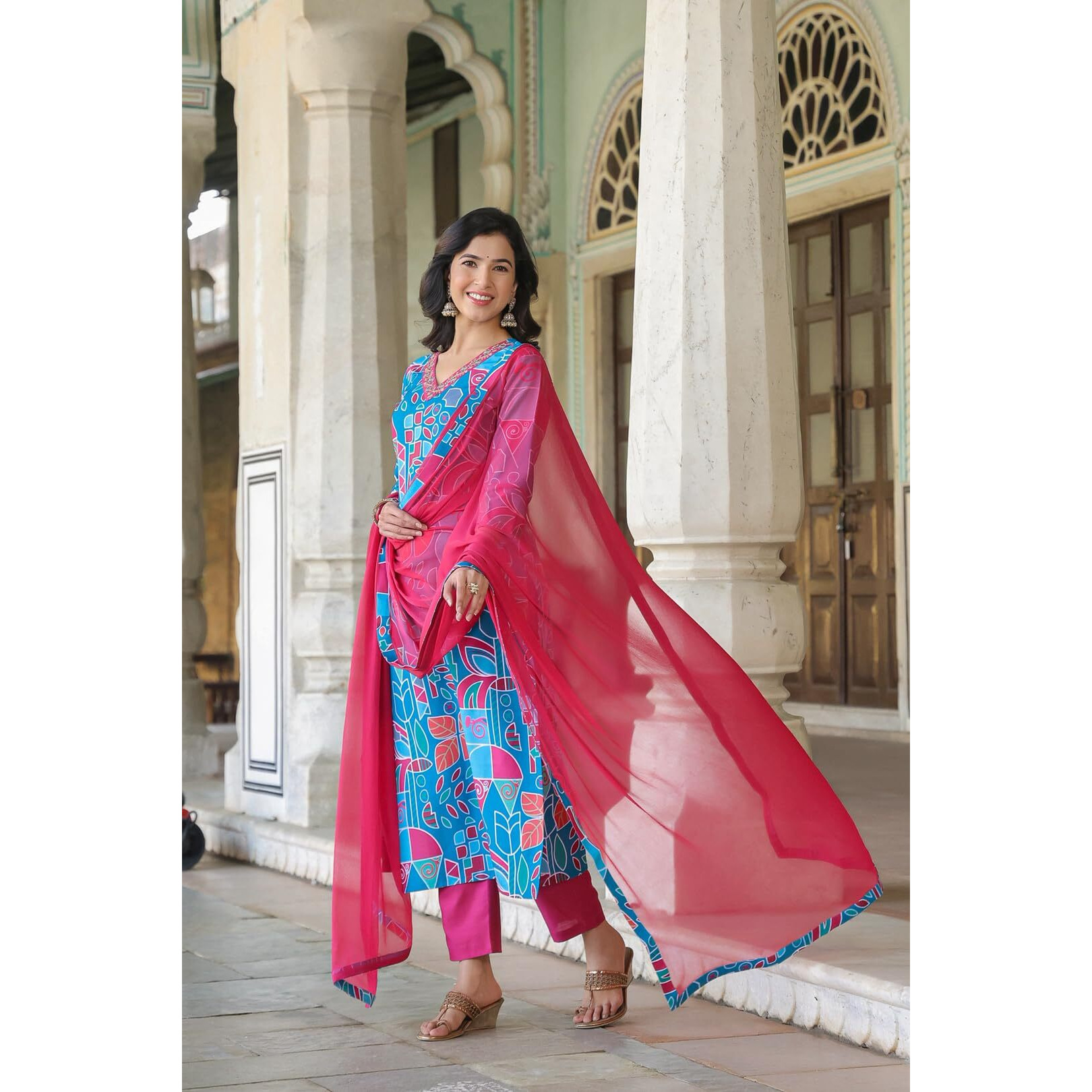 Gosriki Women's Cotton Blend Straight Printed Kurta With Pant & Dupatta (Down-Rama Blue-Nkf-Gs_M_Blue_Medium)