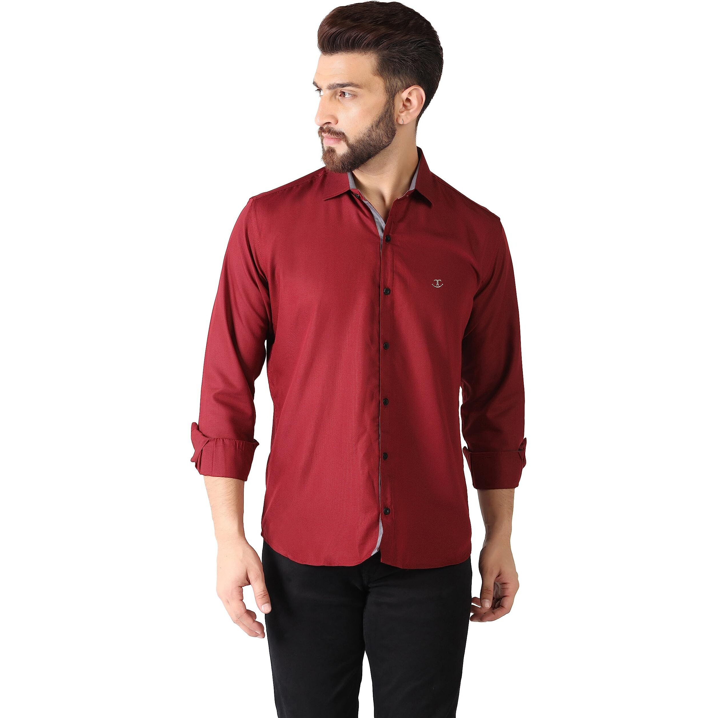 Toplot Men's Solid Slim Fit Cotton Blend Casual Shirt With Spread Collar & Full Sleeves (Plain-Shirt-5112-Maroon-S)