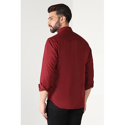 Toplot Men's Solid Slim Fit Cotton Blend Casual Shirt With Spread Collar & Full Sleeves (Plain-Shirt-5112-Maroon-L)