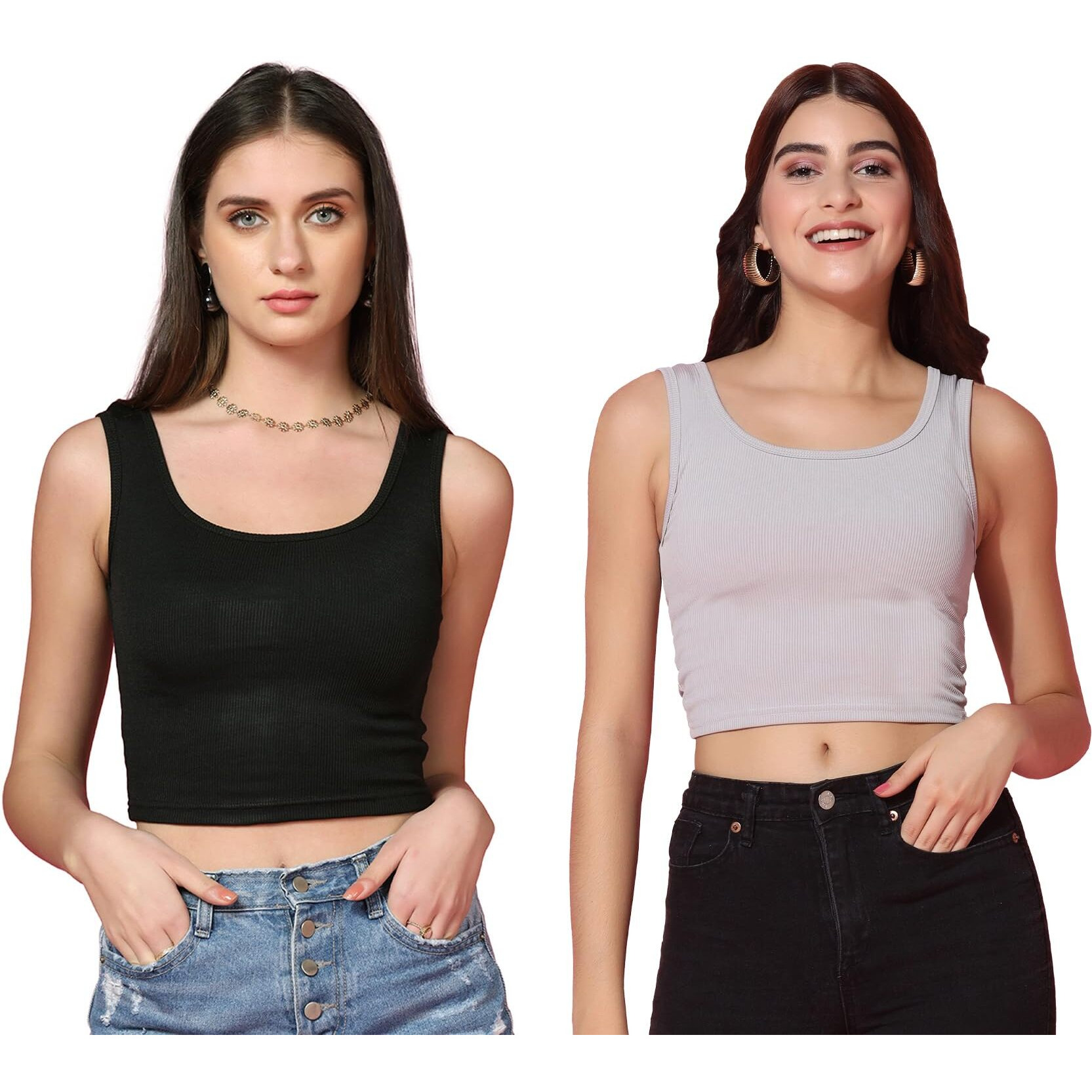 Toplot Women's Combo Solid Ribbed Scoop Neck Sleeveless Slim Fit Tank Top Pack Of 2 (Combo-5069-Blk-Gry-M)