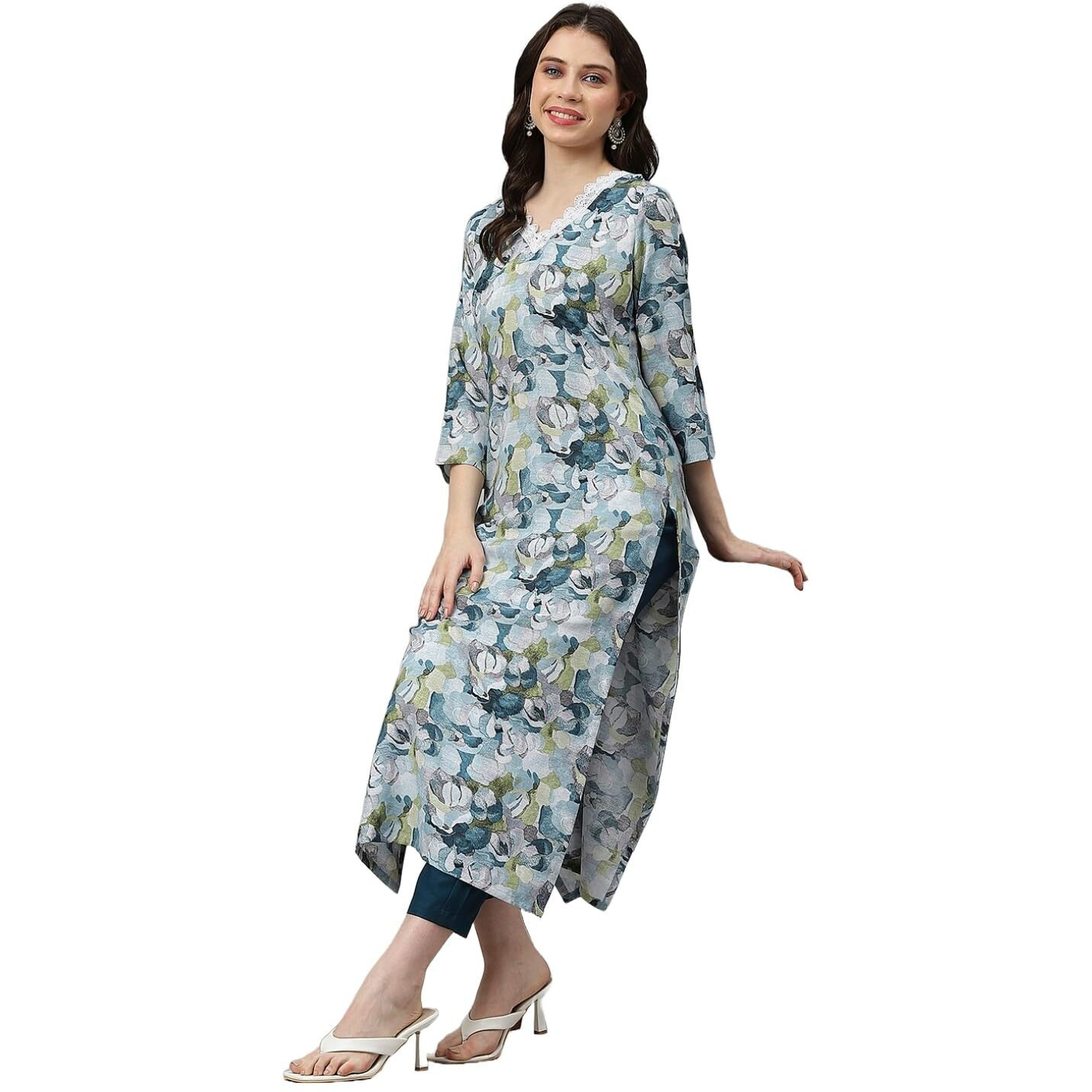 Gosriki Women's Cotton Blend Straight Printed Kurta With Pant (Southz Blue-Nw-Gs_S_Blue_Small)