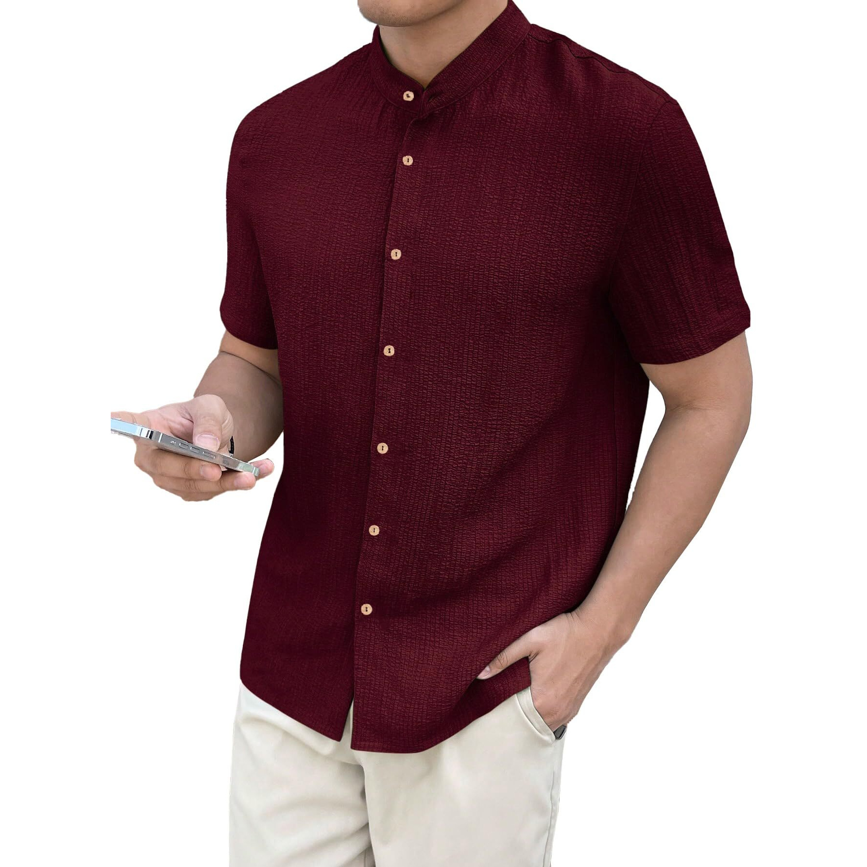 Toplot Men's Solid Regular Fit Shirt (Popcorn-Mandarin-5210-Maroon-S_Maroon