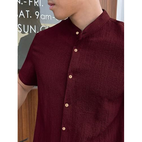 Toplot Men's Solid Regular Fit Shirt (Popcorn-Mandarin-5210-Maroon-S_Maroon