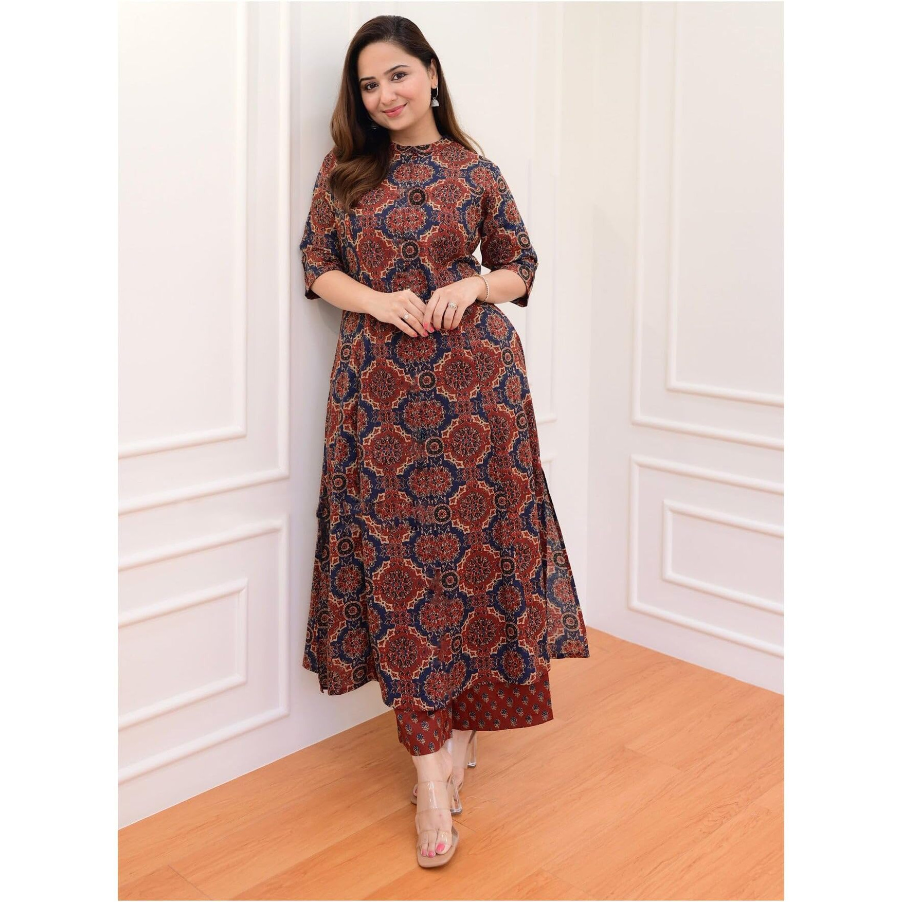 Gosriki Women's Cotton Blend Straight Printed Kurta With Palazzo (Abp Maroon-Gs_S_Wine_Small)