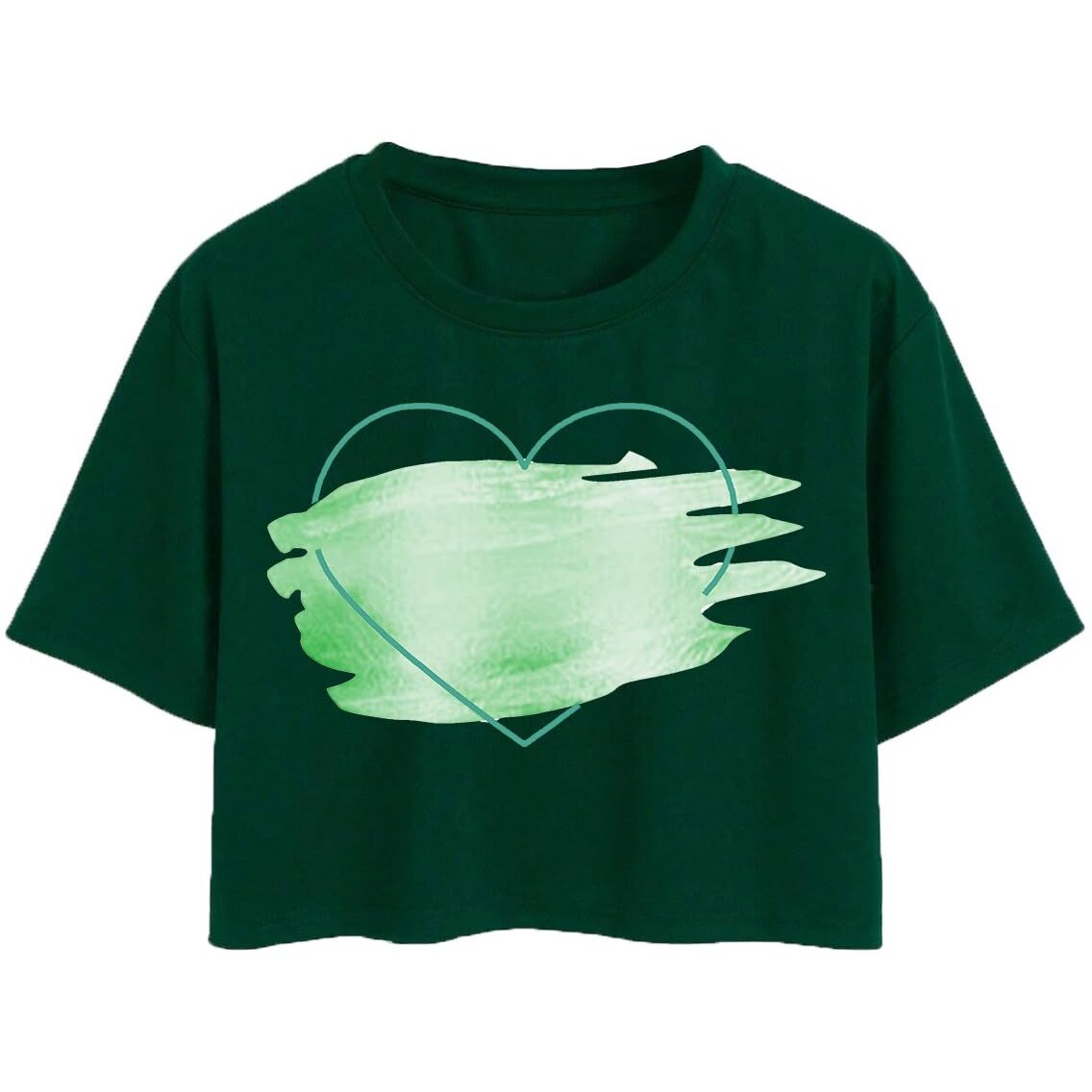 Toplot Heart Printed Round Neck Crop Top For Women (Big-Heart-Top-5201-Olive-S)