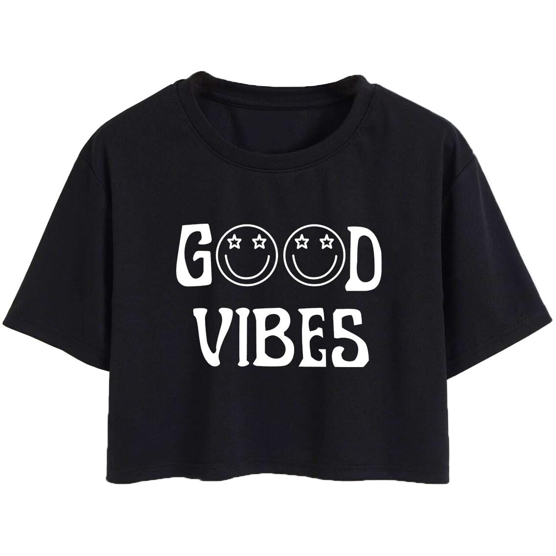 Toplot Text Printed Round Neck Crop Top For Women (Vibes-Crop-Top-5202-Black-Xs)