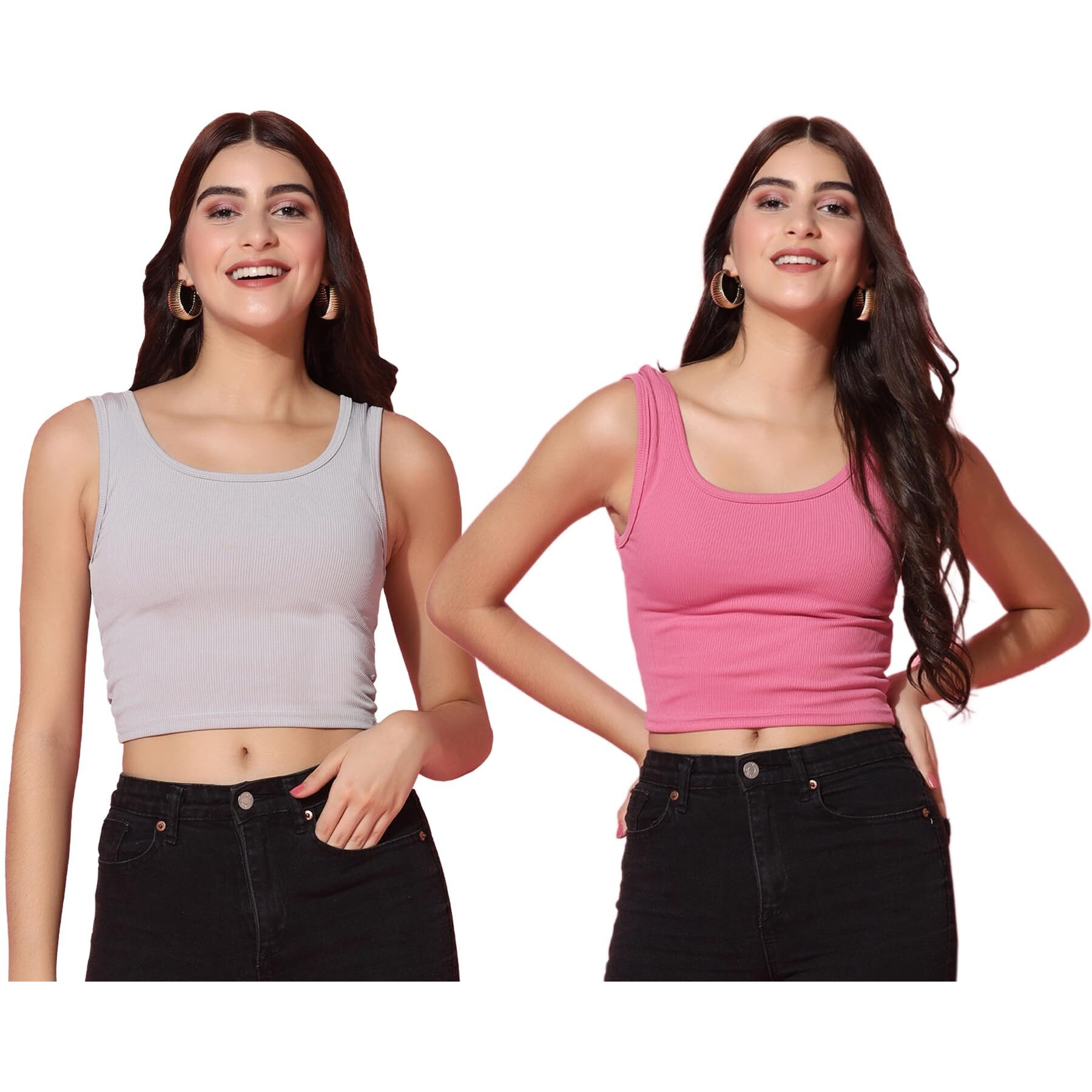 Toplot Women's Combo Solid Ribbed Scoop Neck Sleeveless Slim Fit Tank Top Pack Of 2 (Combo-5069-Gry-Pnk-Xl)
