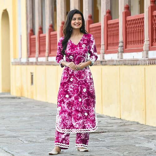 Gosriki Women's Cotton Blend Printed Straight Kurta With Palazzo Set (Hand Block Pink-Gs_M_Pink_Medium)