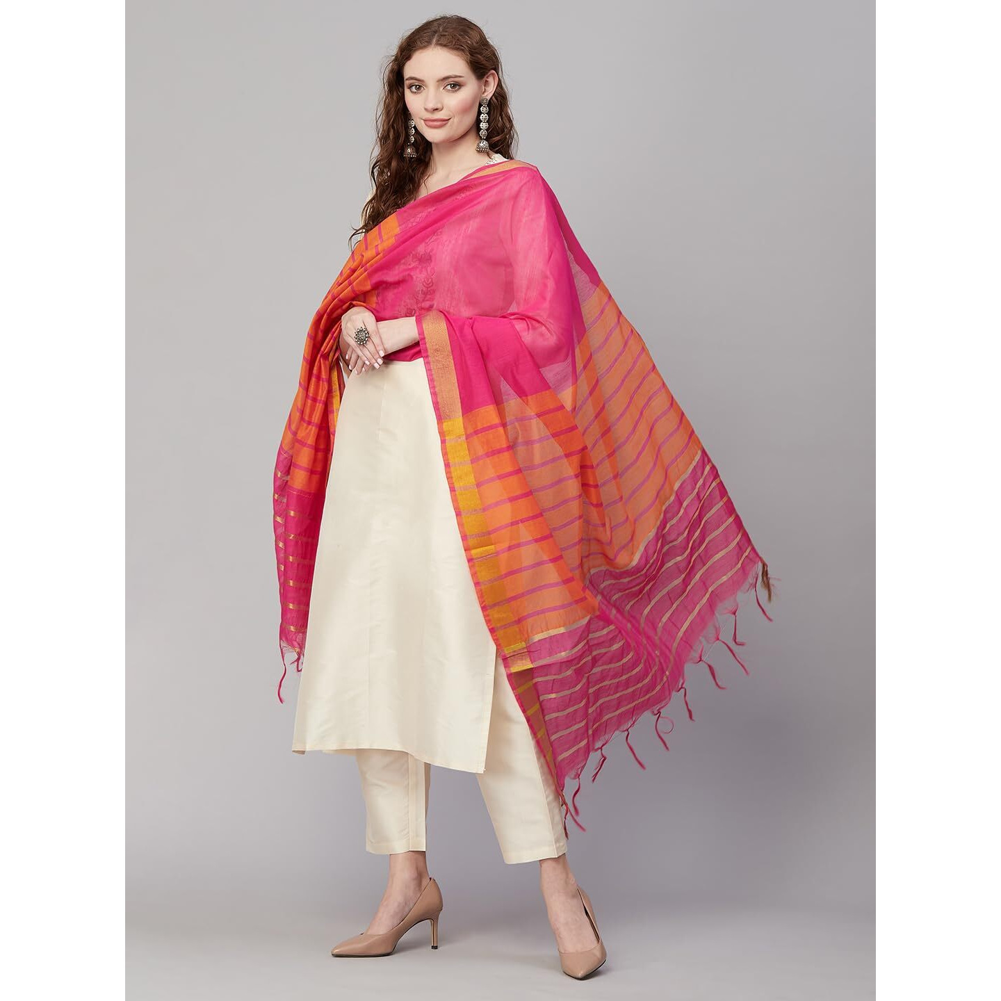 Gosriki Women's Cotton Blend Embroidered Straight Kurta With Pant & Dupatta (Libra-Beige-Gs_S_Beige_Small)