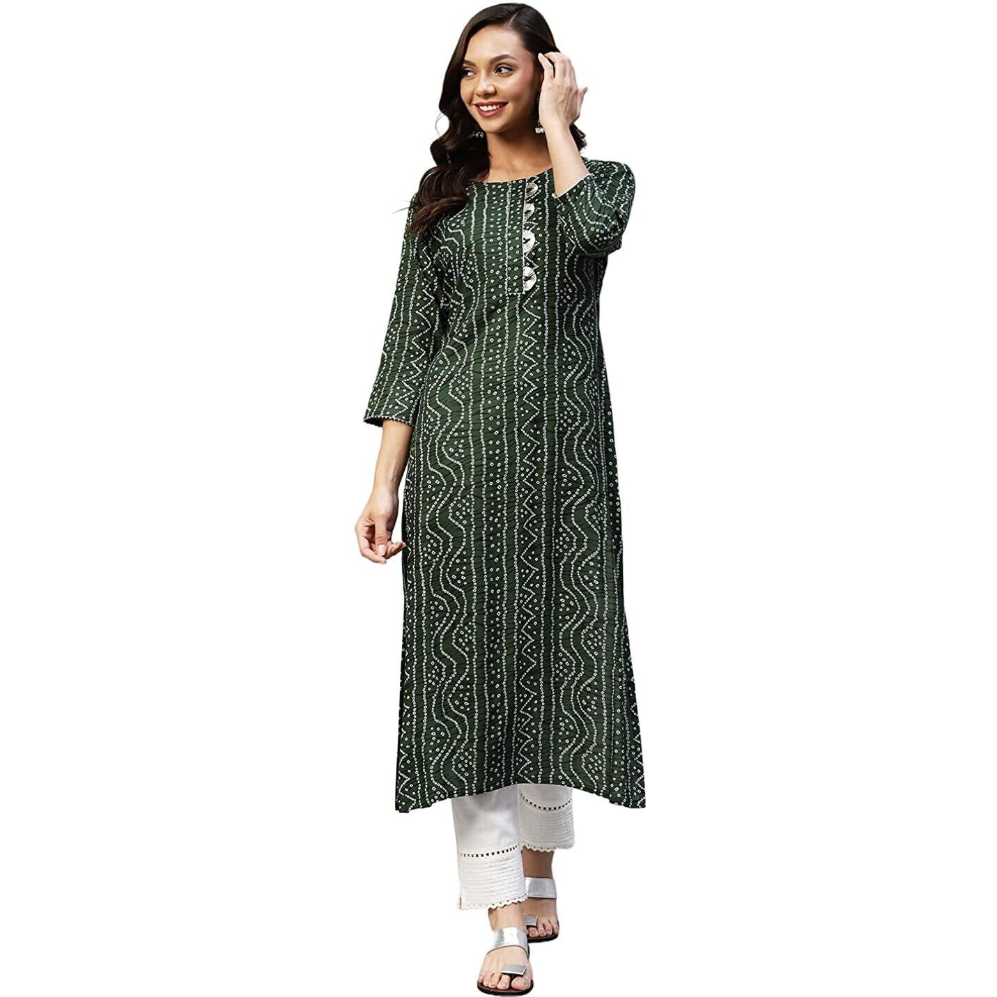 Gosriki Women's Rayon Bandhni Printed Straight Kurta (Dmd Bandhi Green_L-Go_Green_Large)