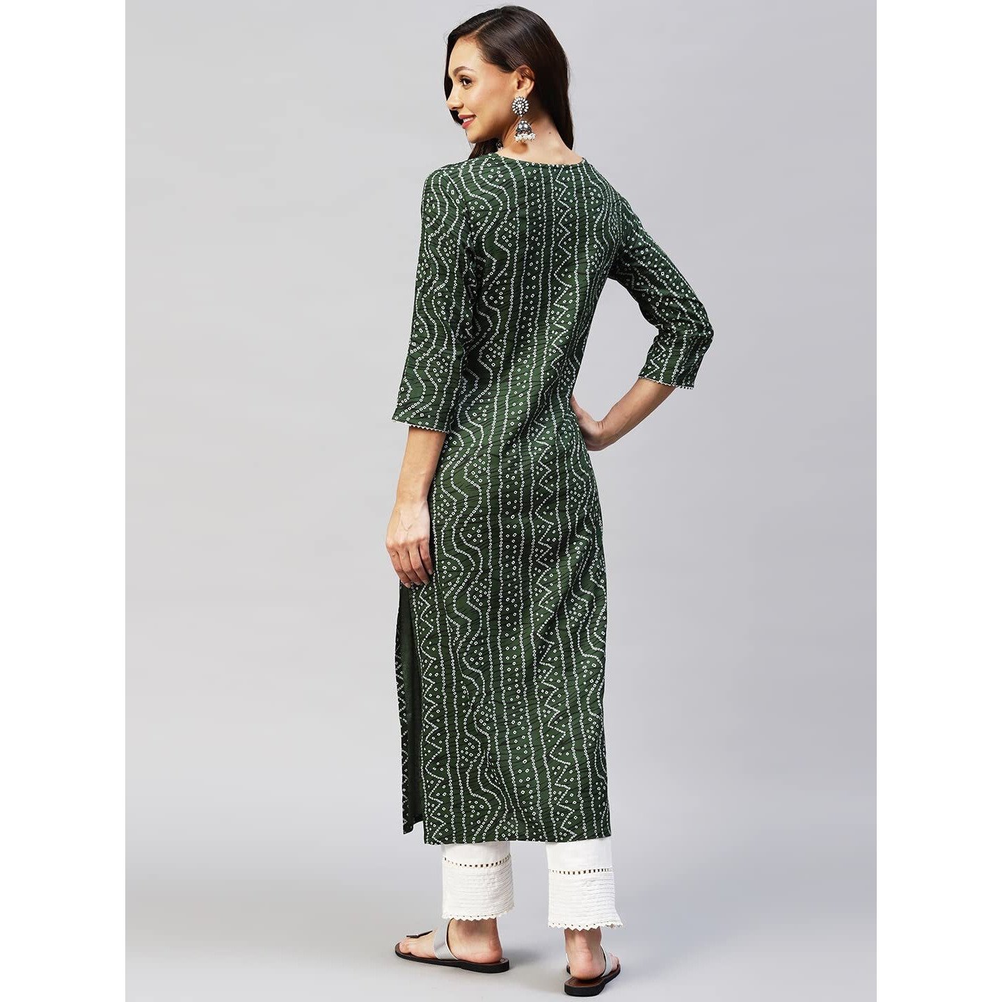 Gosriki Women's Rayon Bandhni Printed Straight Kurta (Dmd Bandhi Green_L-Go_Green_Large)