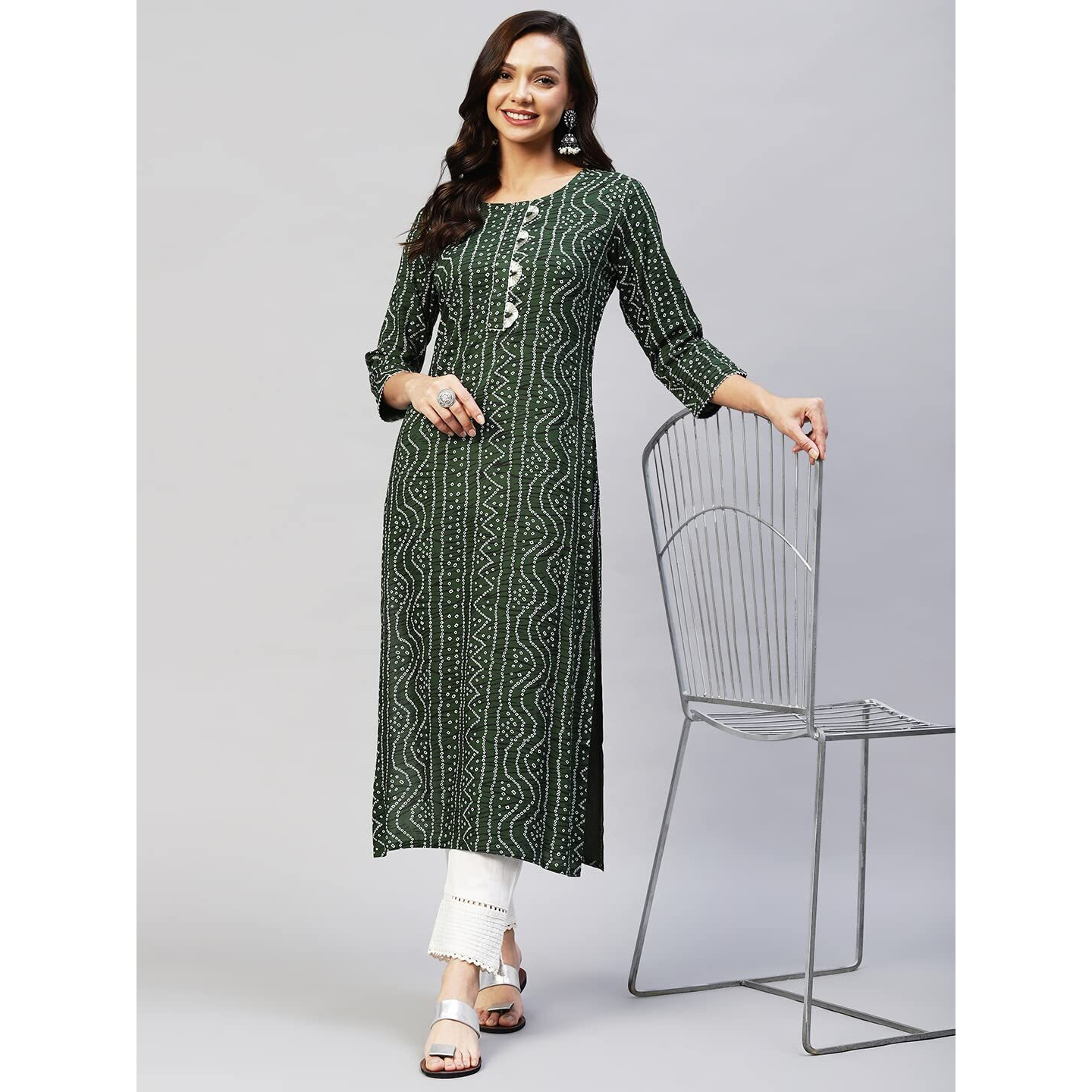 Gosriki Women's Rayon Bandhni Printed Straight Kurta (Dmd Bandhi Green_L-Go_Green_Large)