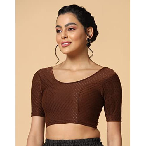 Toplot Cotton Blend Lycra Stretchable Round Neck Blouses For Women Readymade (Blouse-5058-Coffee-32)