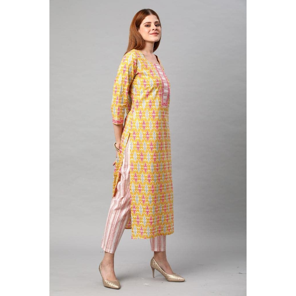 Gosriki Women's Cotton Blend Traditional Straight Printed Kurta And Pant Set (Behan Yellow_S-Gs_Yellow_Small)