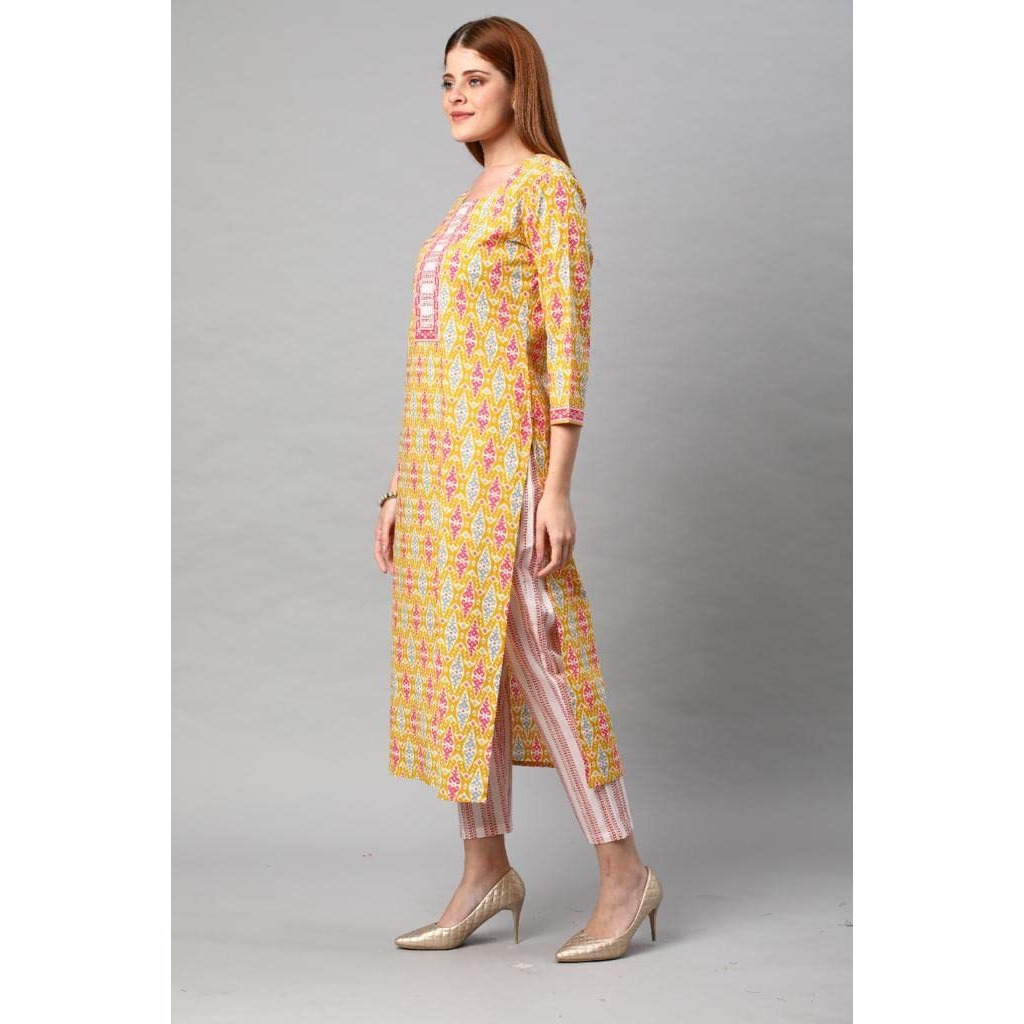 Gosriki Women's Cotton Blend Traditional Straight Printed Kurta And Pant Set (Behan Yellow_S-Gs_Yellow_Small)