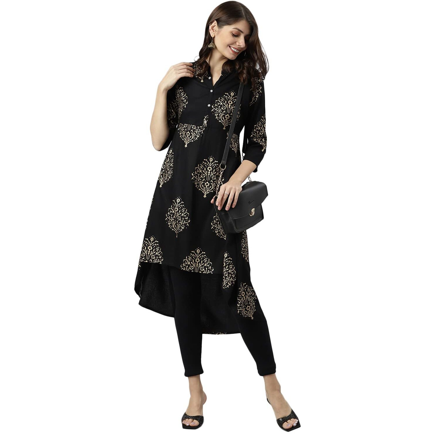 Gosriki Women's Rayon A-Line Printed Kurta (Zayoki Black_2Xl-Go_Black_Xx-Large)